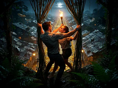 Two adventurers part a curtain of jungle vines by torchlight to reveal a sprawling village glowing beneath a full moon.
