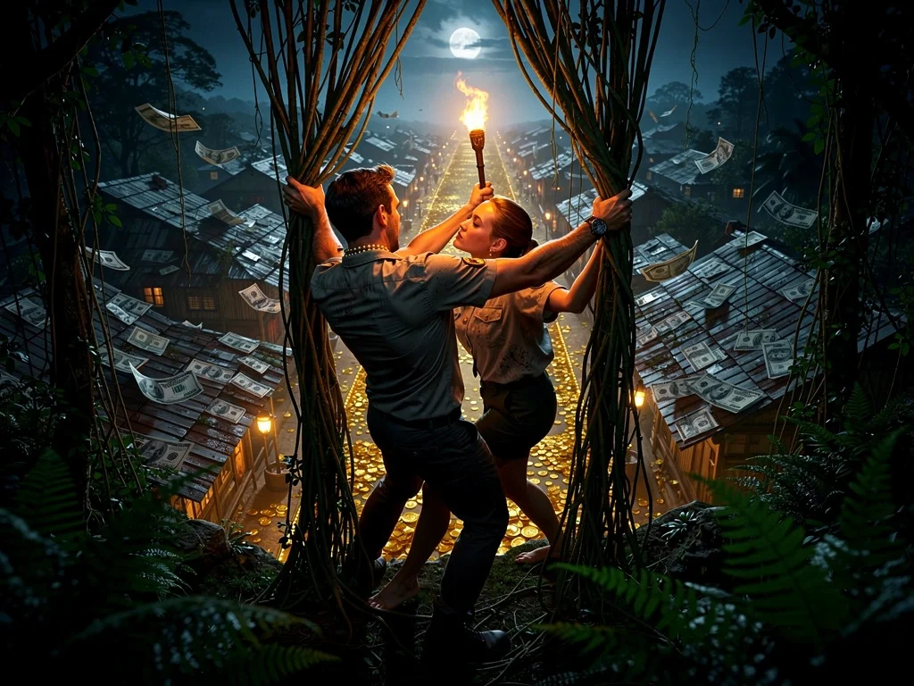 Two adventurers part a curtain of jungle vines by torchlight to reveal a sprawling village glowing beneath a full moon.