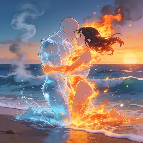 A being made of flowing water and a being made of living flame embrace at the ocean's edge as the sun sets behind them.