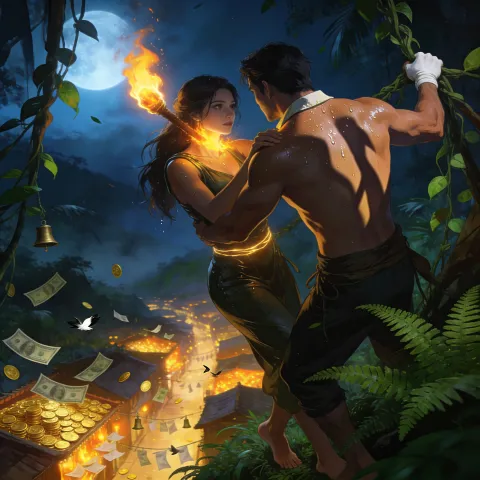 A woman with a blazing torch and a man swinging through vines soar above a moonlit city overflowing with gold and scattered banknotes.