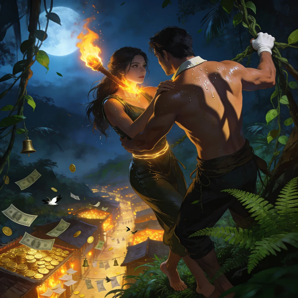 A woman with a blazing torch and a man swinging through vines soar above a moonlit city overflowing with gold and scattered banknotes.