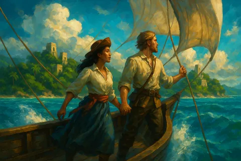 A couple stands at the bow of a sailing ship holding hands, looking out over turquoise water toward a tropical island with ancient ruins.