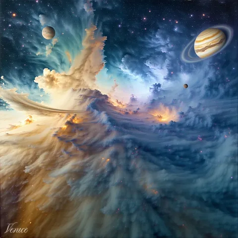 Two ringed planets floating above a luminous bank of golden nebula clouds, with a smaller moon catching the light.