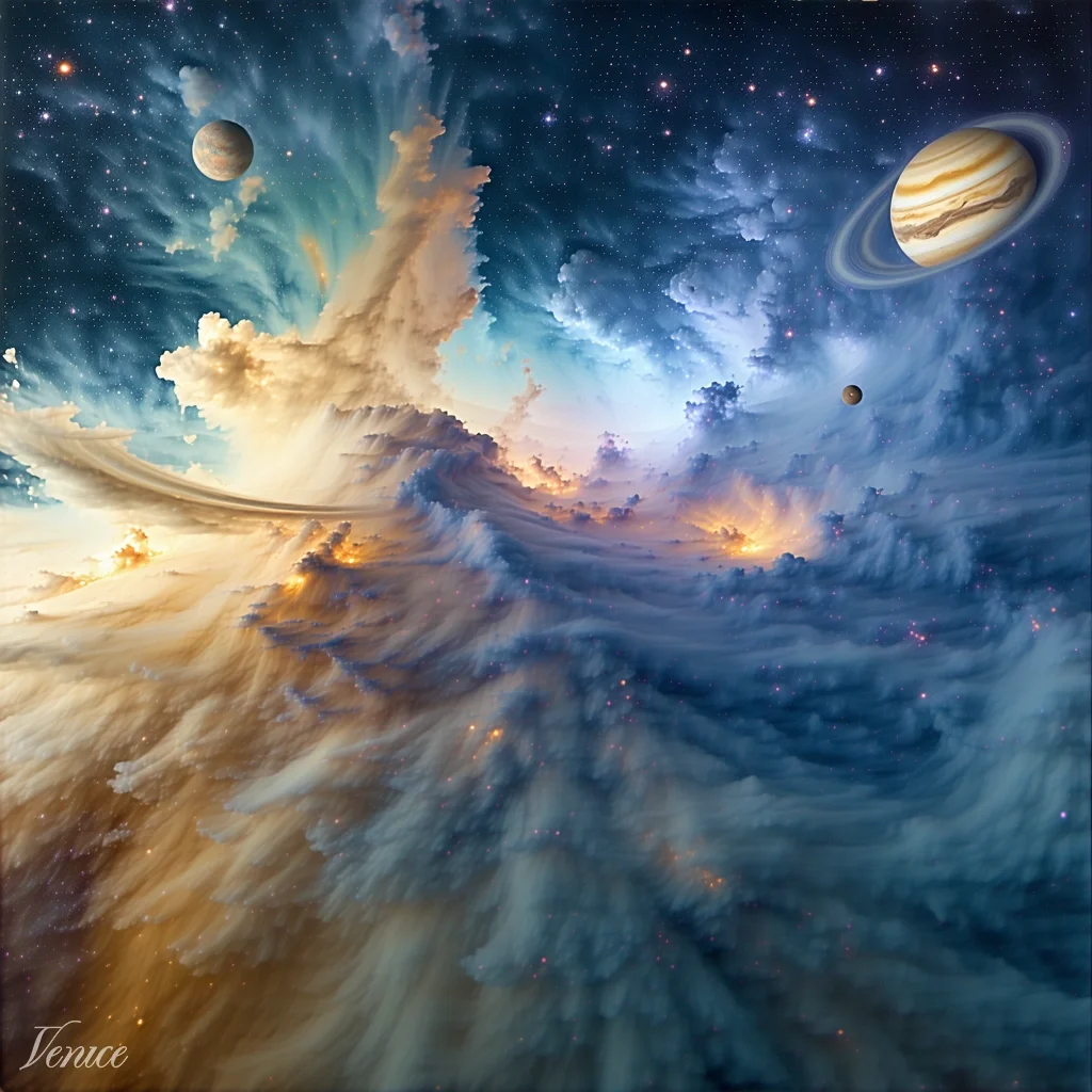 Two ringed planets floating above a luminous bank of golden nebula clouds, with a smaller moon catching the light.