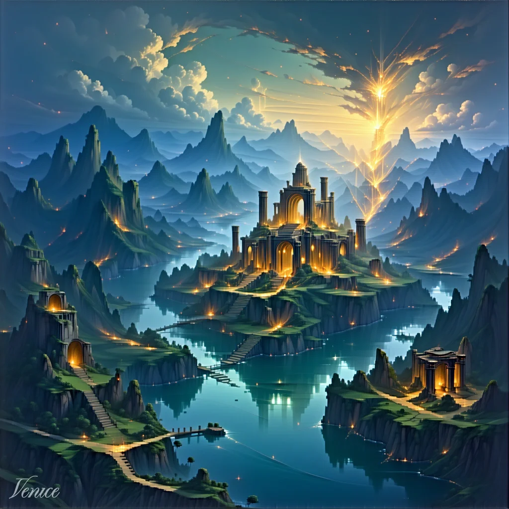 An ancient city of spires and bridges fills a valley between jagged peaks beneath a radiant sunburst sky.