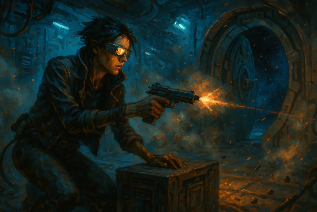 A woman with mirrored eye implants crouches behind a crate firing a fletchette pistol down a smoke-filled space station corridor toward a breached vault door.