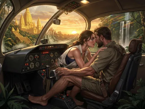 A couple shares a kiss inside a small aircraft cockpit as it banks past a jungle waterfall toward a glowing golden temple.
