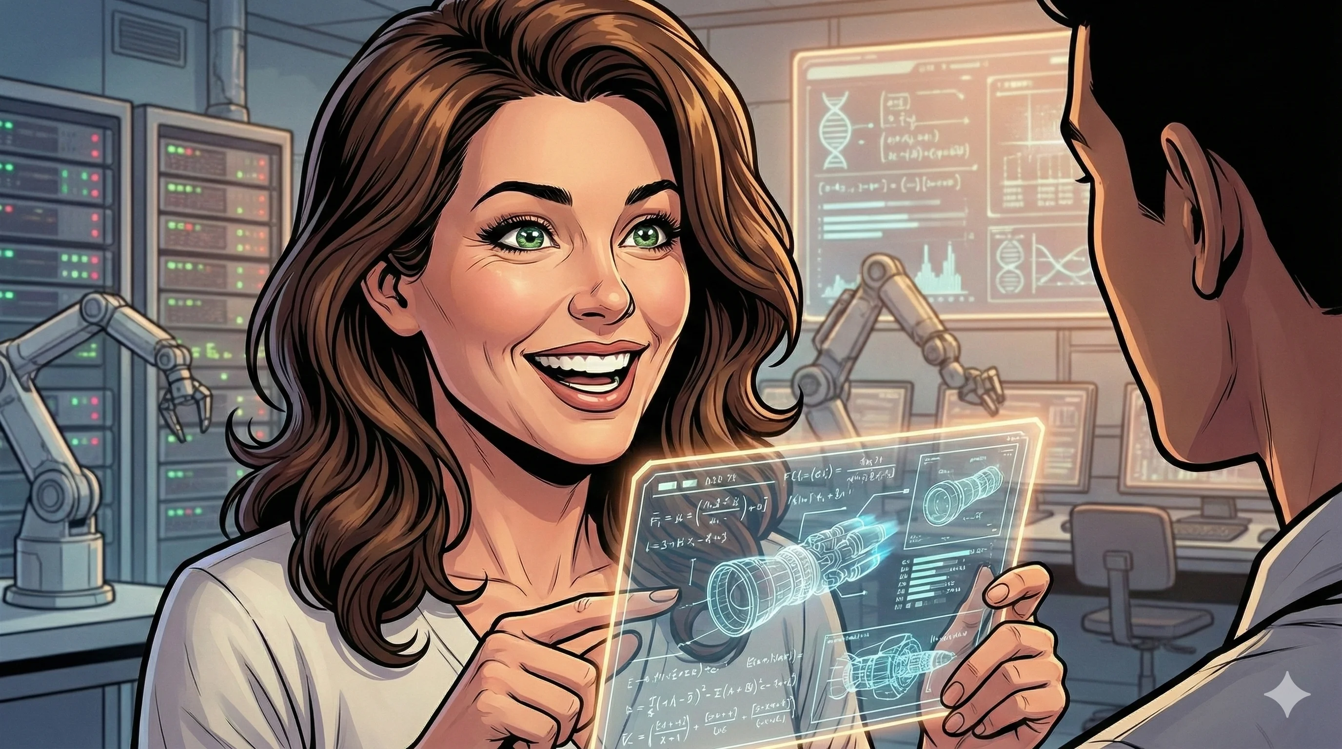 A smiling woman in a lab coat enthusiastically discusses a holographic blueprint of a mechanical device with a colleague in a futuristic lab, featuring robotic arms and digital screens; the scene is vibrant, employing a colorful and detailed comic-book style.