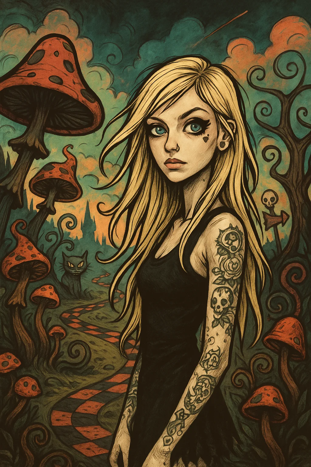 A blonde woman with tattooed arms stands in a surreal forest filled with twisted trees and large red mushrooms, exuding a mysterious and whimsical mood with dark, swirling skies; the artwork features rich, earthy tones and an illustrative, fantasy-inspired style.