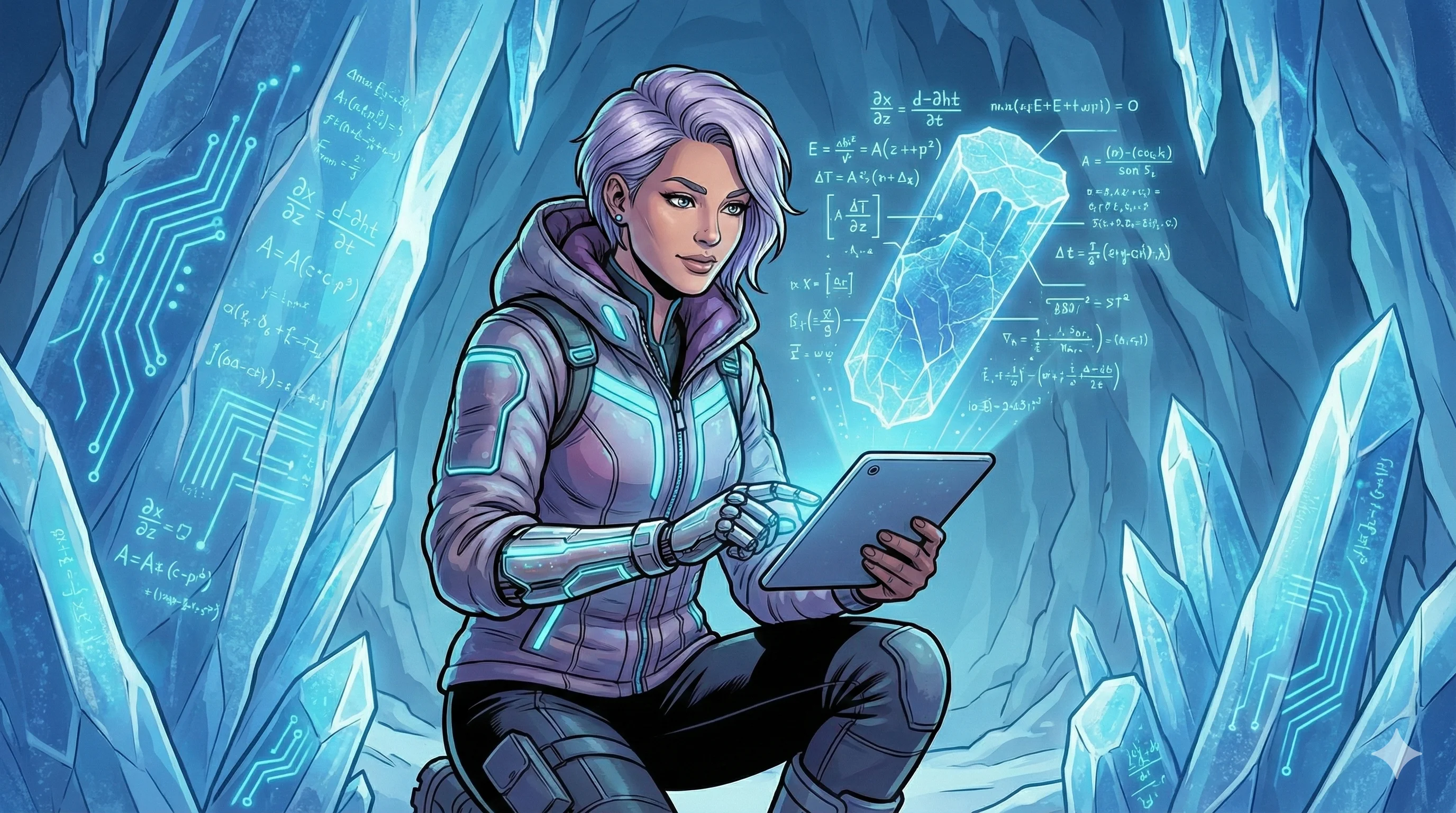 A futuristic scientist with short silver hair and a glowing, high-tech jacket studies a digital tablet amidst a cavern of luminescent blue crystals, with scientific equations floating in the air, creating a high-tech and mysterious atmosphere.
