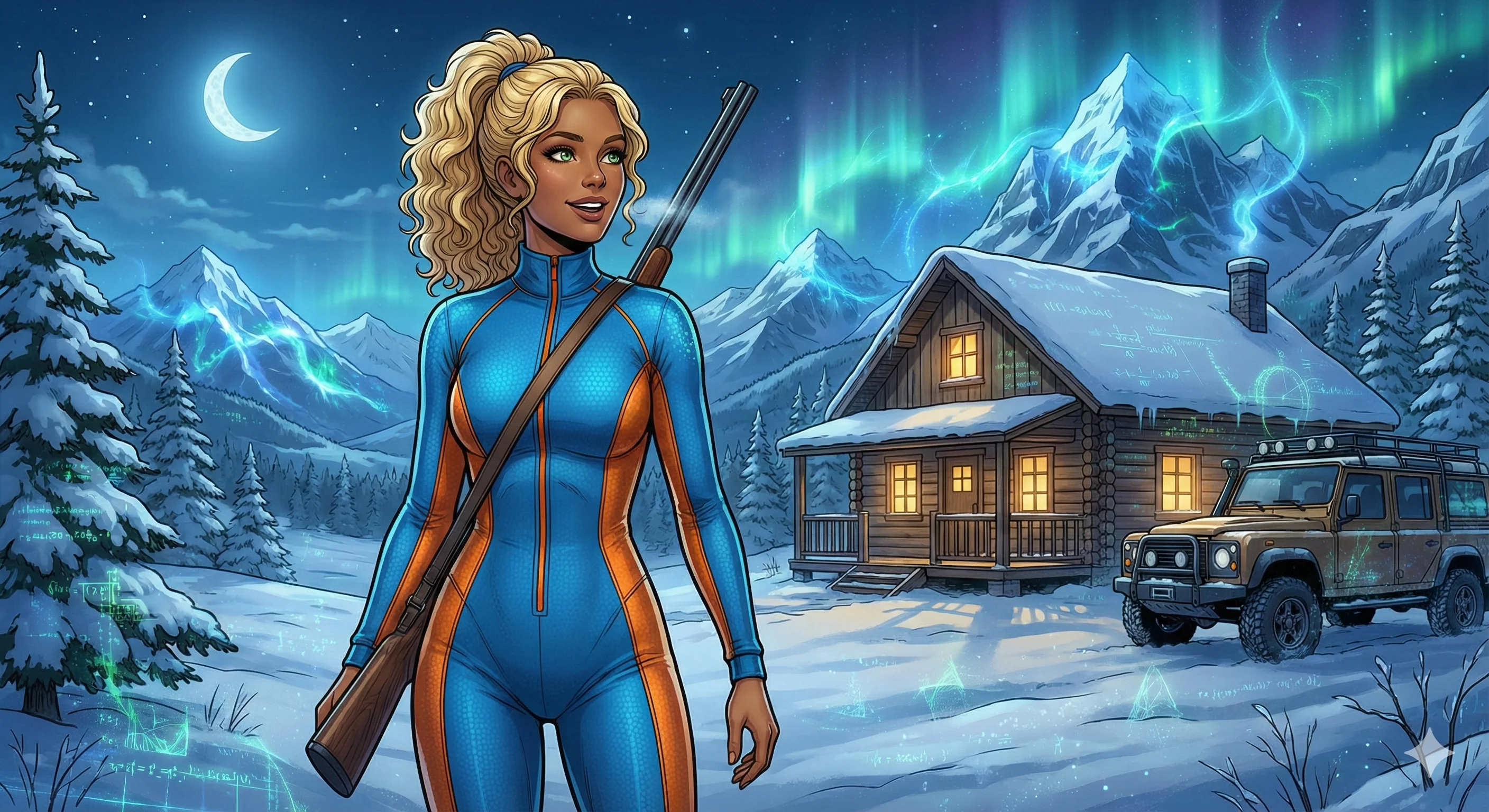A woman in a blue and orange winter jumpsuit stands confidently with a rifle in hand, set against a snowy cabin under a starry sky with northern lights; the scene features mountains, pine trees, a rugged vehicle, and a crescent moon, creating an adventurous and serene atmosphere in a vibrant, illustrated style.