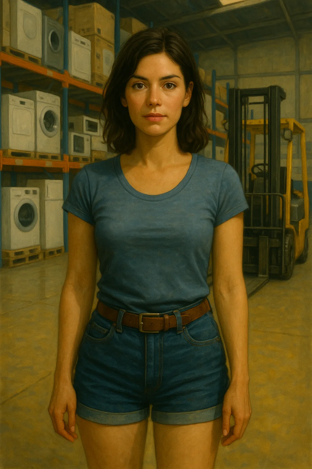 A woman wearing a blue shirt and denim shorts stands confidently in an industrial setting, surrounded by shelves of appliances and a forklift; the scene features muted colors and a realistic visual style.