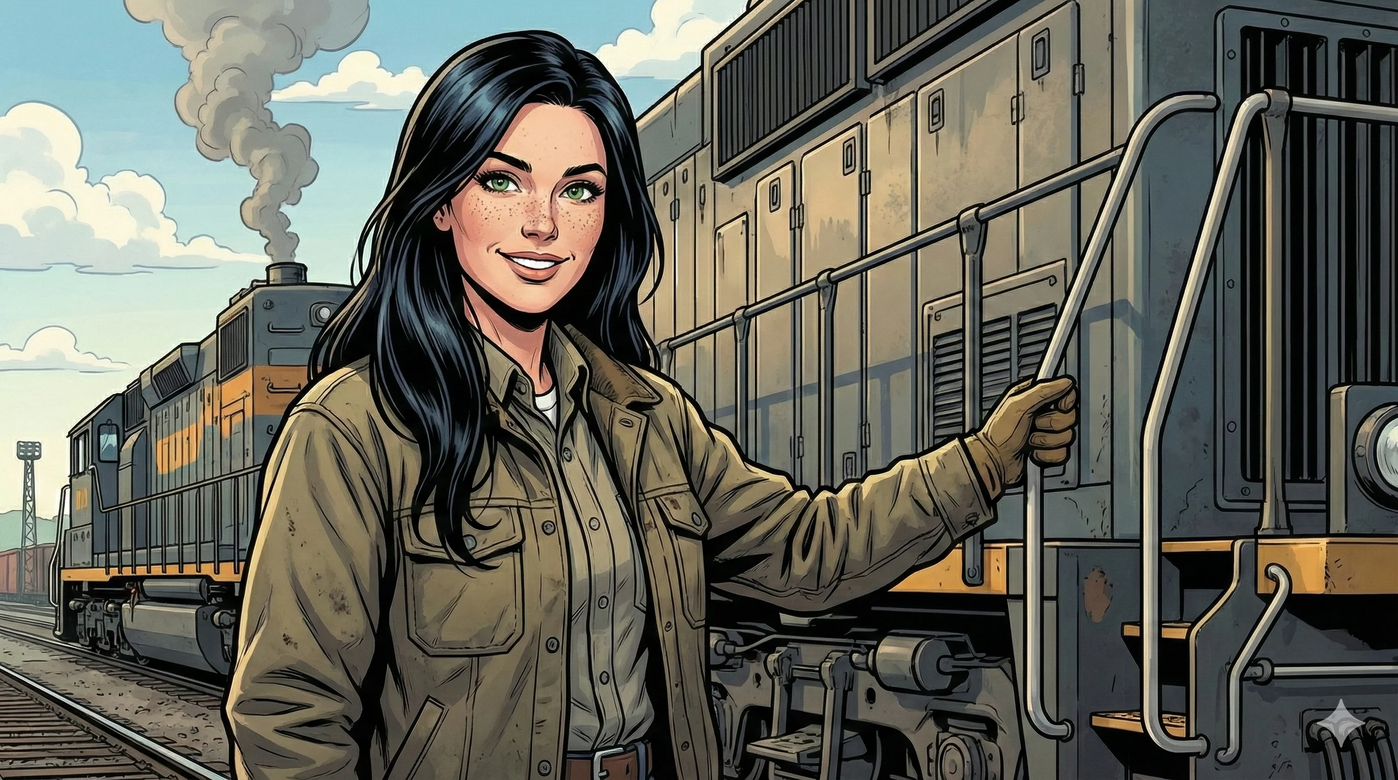 Woman with long dark hair and freckles standing confidently beside a train engine, wearing a beige jacket and shirt, with a background of railroad tracks and billowing steam; vibrant comic book style illustration with a cheerful and adventurous mood.
