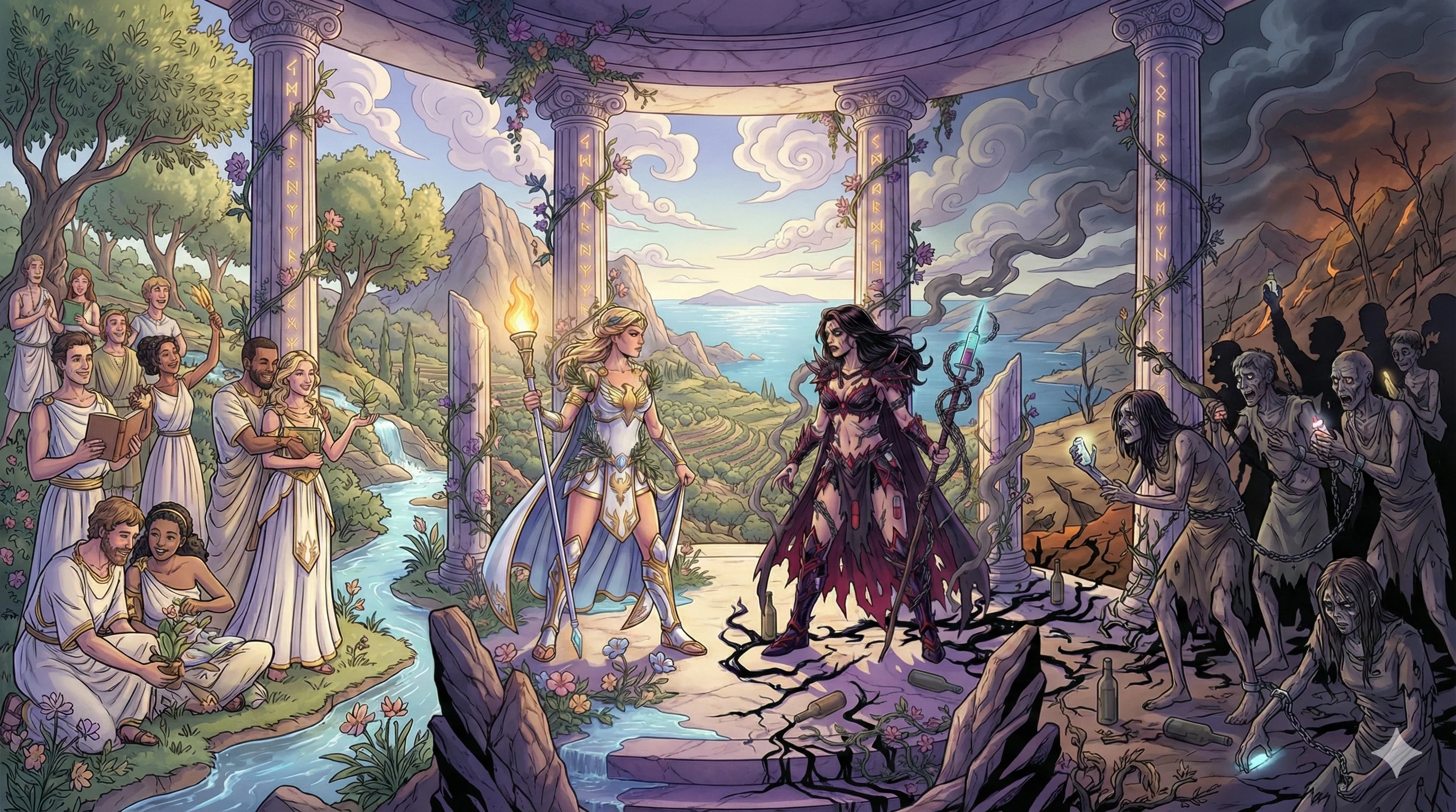 Two contrasting figures, one glowing and serene in white robes and the other dark and menacing, stand in an ancient temple setting surrounded by vibrant nature on one side and a desolate landscape with zombies on the other; the illustration showcases a vivid, fantastical style with intricate details and a dynamic, mythical mood.