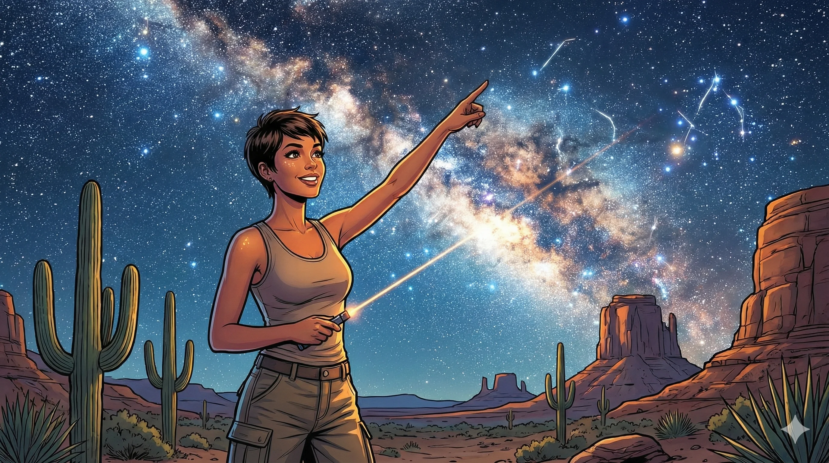 A woman pointing at constellations under a vibrant, star-filled night sky in a desert landscape with cacti and rock formations, illustrating an adventurous, awe-inspiring mood in a colorful, comic-style artwork.