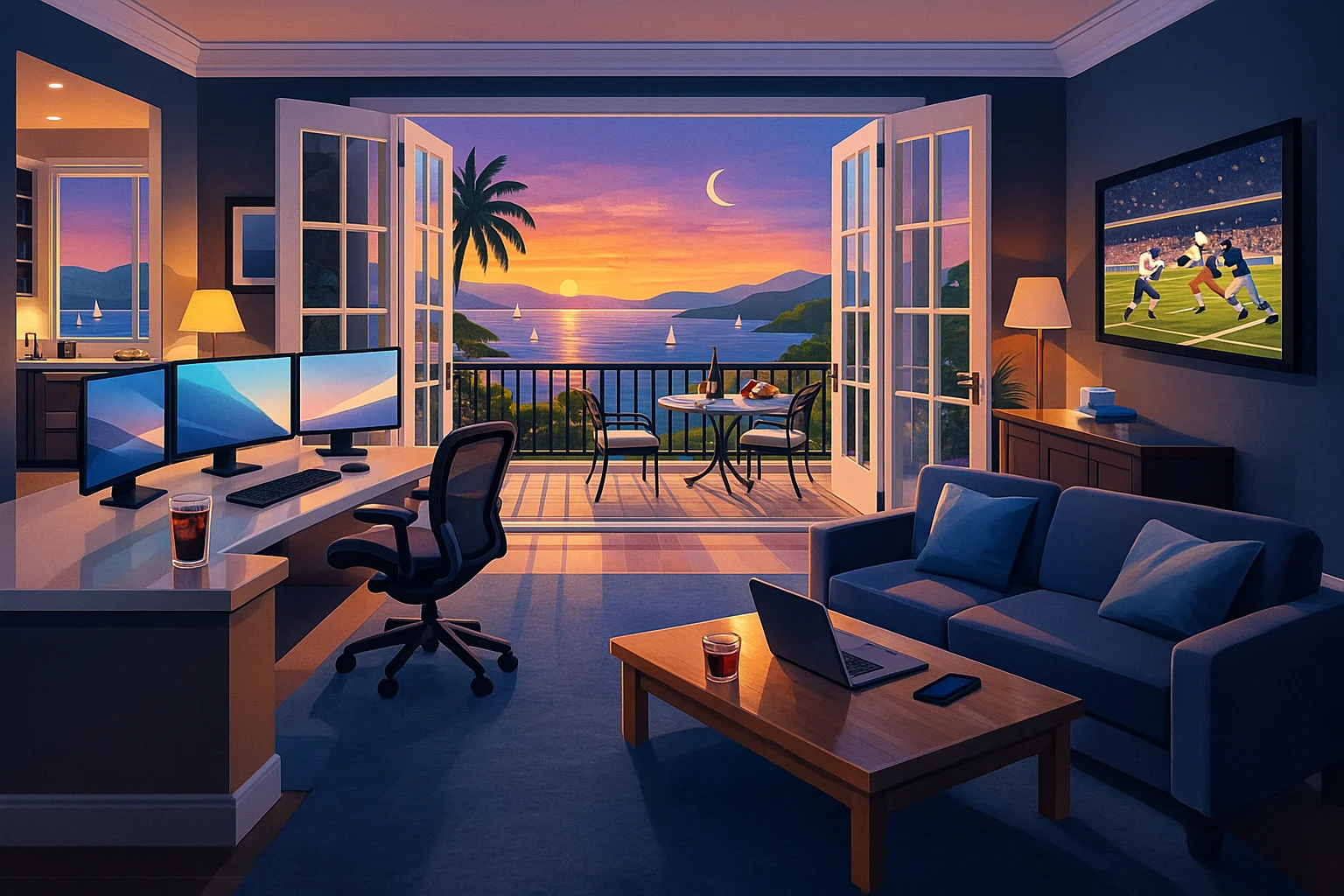 Modern home office with triple monitor setup opening to a sunset balcony view over the ocean featuring sailboats and palm trees, while a living area displays a sports game on TV; vibrant colors enhance the serene yet dynamic atmosphere.