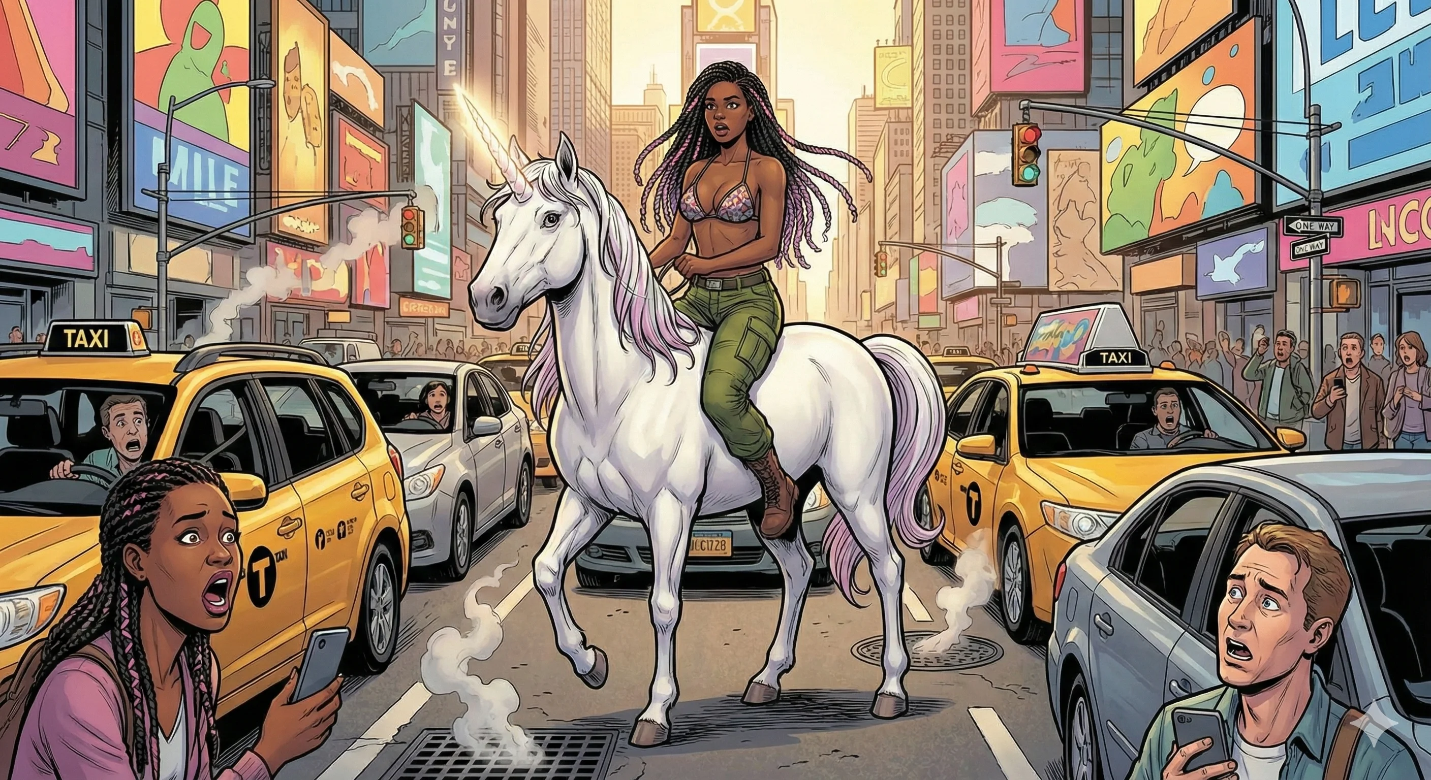 A young woman with long braids confidently rides a white unicorn through a bustling urban street surrounded by yellow taxis, amidst surprised onlookers capturing the moment; vibrant colors and a comic book style add a whimsical, dynamic feel.
