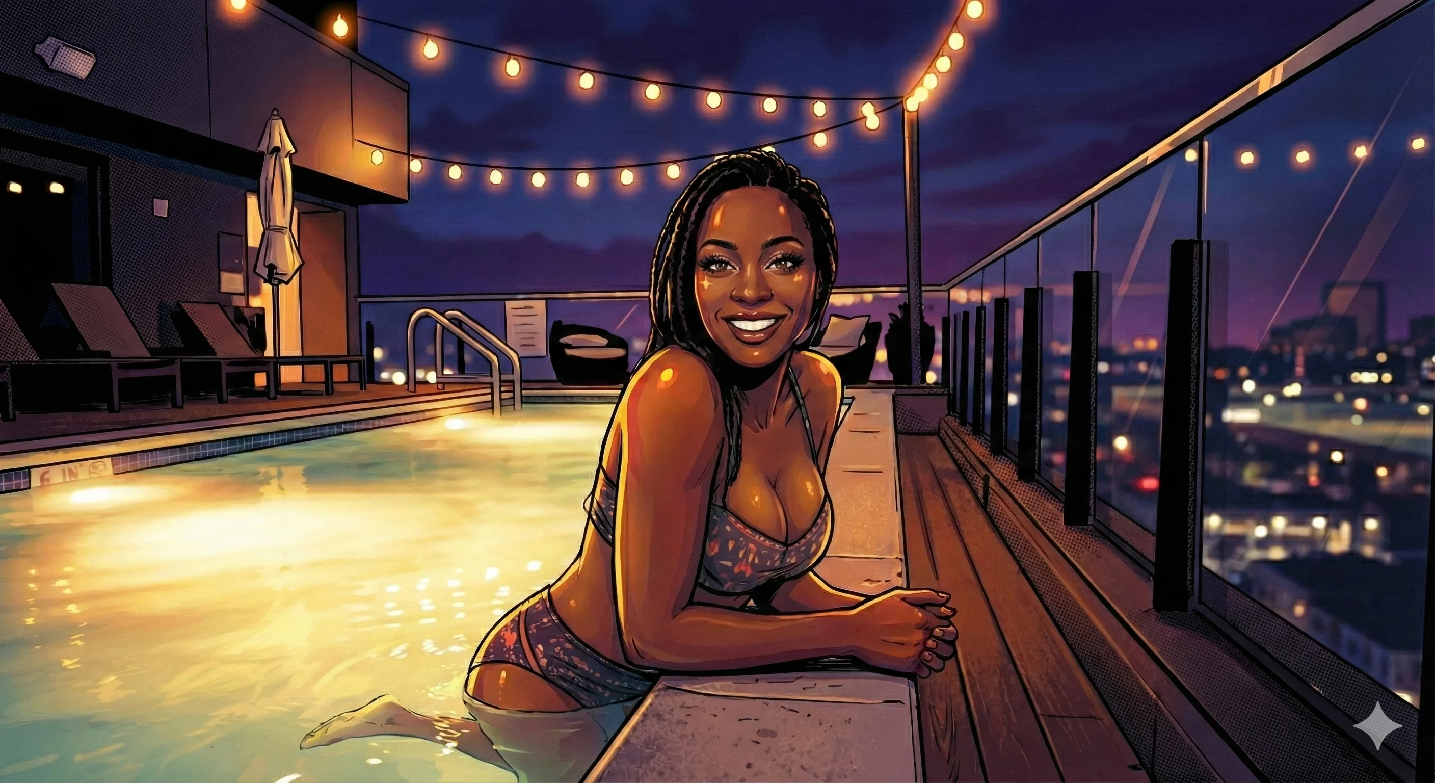 A smiling woman in a bikini leans on the edge of a rooftop pool at night, surrounded by warm string lights against a city skyline backdrop, creating a vibrant and relaxed atmosphere with rich purple and golden tones in a stylized illustration.