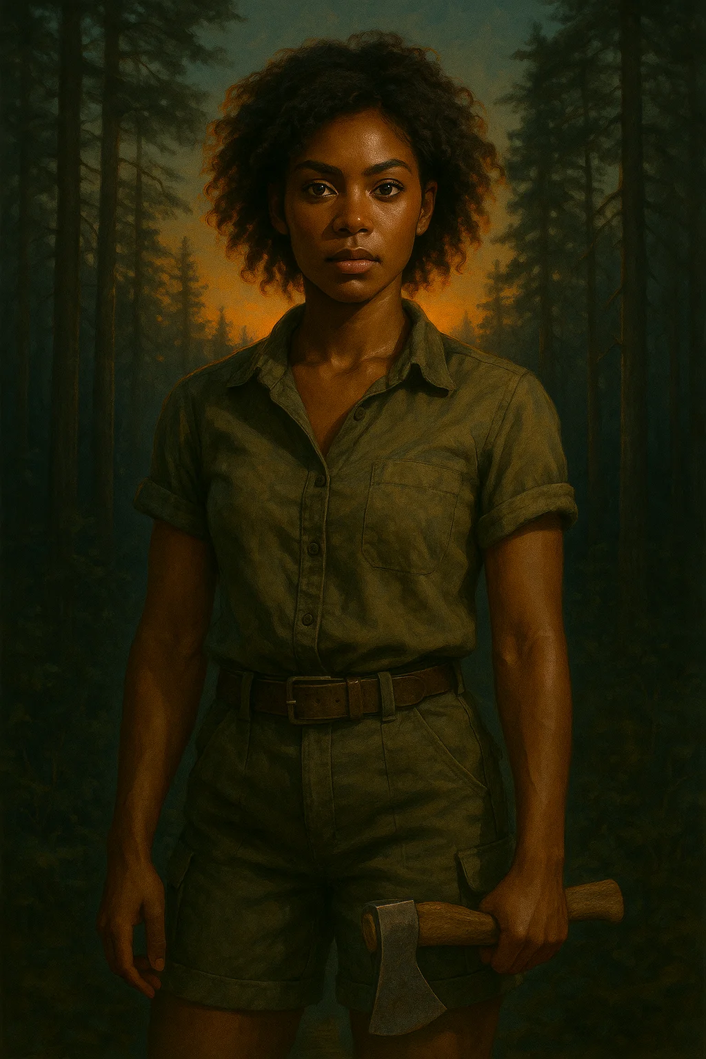 A woman with curly hair holds an axe in a forest at sunset, dressed in green attire, exuding strength and resilience; the warm glow creates a dramatic and empowering mood with a realistic visual style.