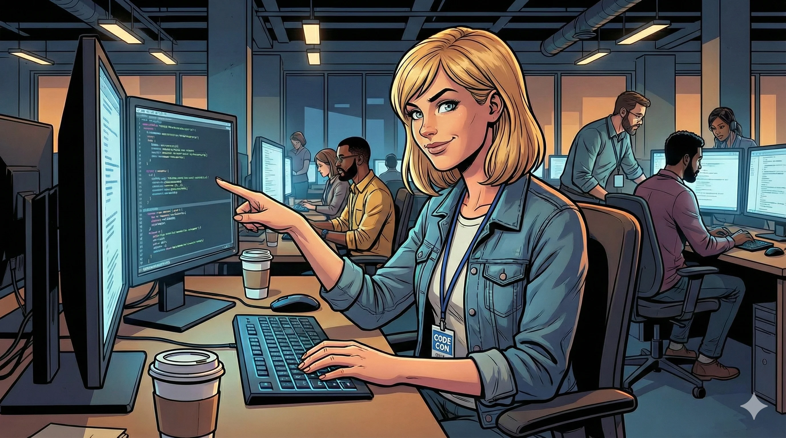A woman in a denim jacket points at code on a computer screen in a modern office with colleagues working at their desks, featuring a digital art style with warm lighting and an engaged atmosphere.