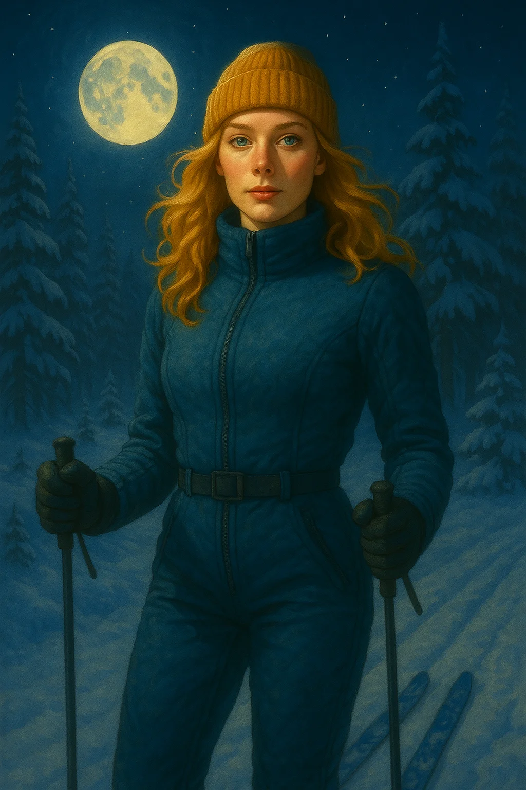 A woman in a blue ski outfit and yellow beanie stands confidently under a full moon, surrounded by snow-covered trees, creating a serene and mysterious winter scene with a rich, textured, painterly style.