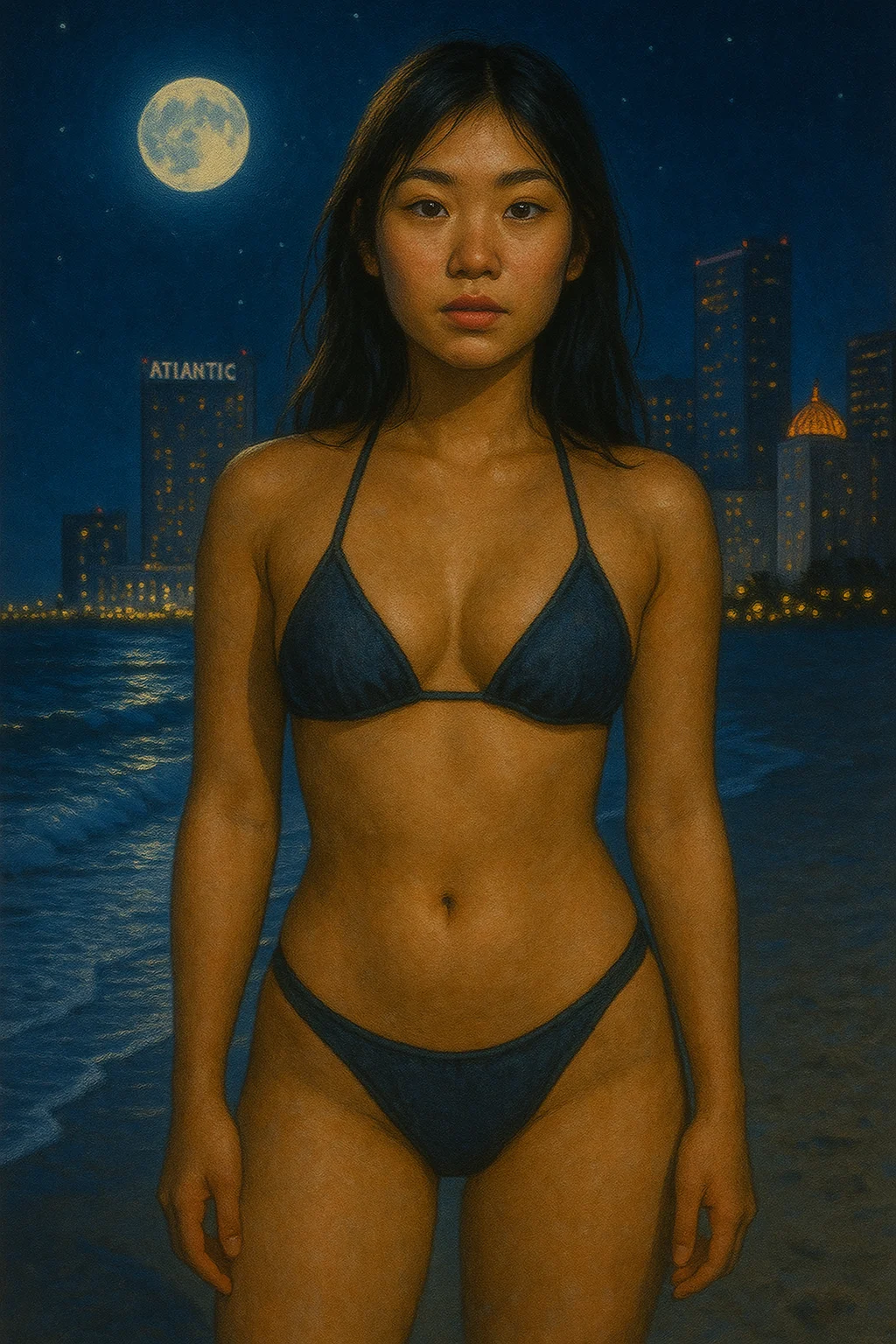 A young woman in a dark blue bikini stands on a moonlit beach, set against a backdrop of a city skyline with buildings and a prominent full moon; the scene evokes a serene and contemplative mood with its rich color palette and detailed visual style.