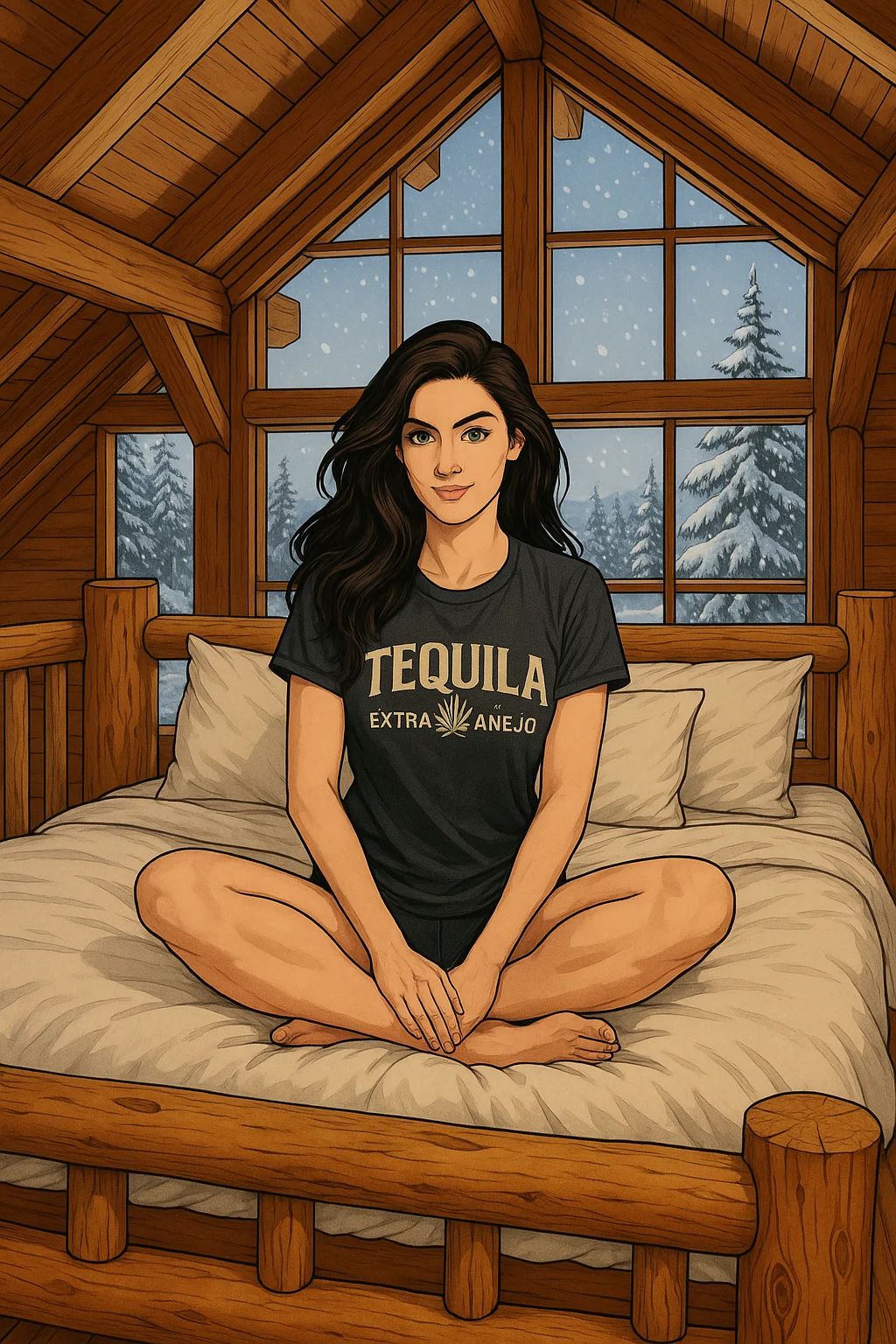 Brunette woman sitting cross-legged on a wooden bed in a cozy log cabin, wearing a black "Tequila Extra Añejo" t-shirt, with a snow-covered forest visible through large windows in the background; illustration featuring warm brown tones and a serene winter mood.