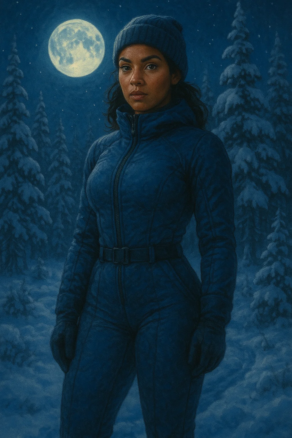 A woman in a blue winter outfit stands in a snowy forest under a full moon, conveying a serene and mysterious mood with deep blue tones and realistic, detailed visual style.