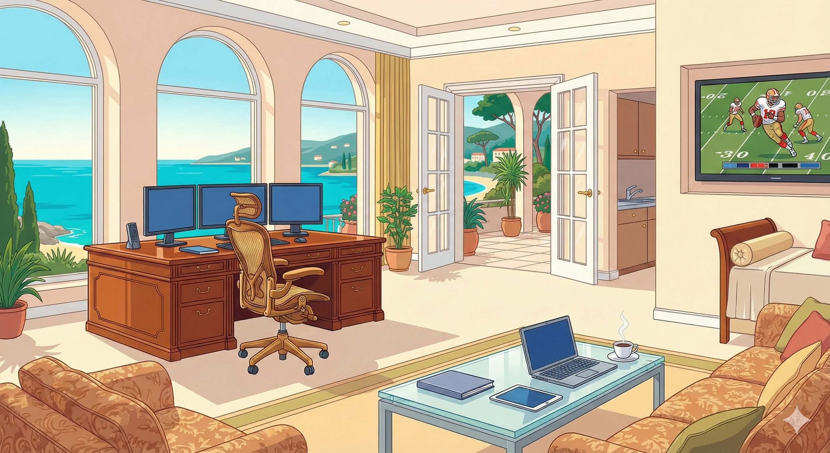 Luxurious home office with dual monitors on a wooden desk, overlooking a serene ocean view; features a tan ergonomic chair, comfortable seating, and a vibrant television showcasing a sports event, conveying a warm and inviting ambience with earthy tones and natural light.