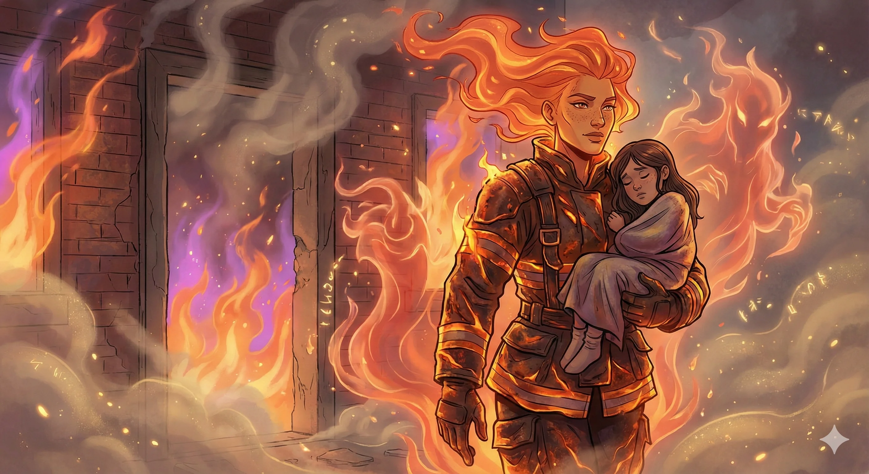 A heroic firefighter with flowing red hair carries a child out of a burning building in a dramatic, illustrated scene filled with orange flames and smoky atmosphere, capturing bravery and urgency.