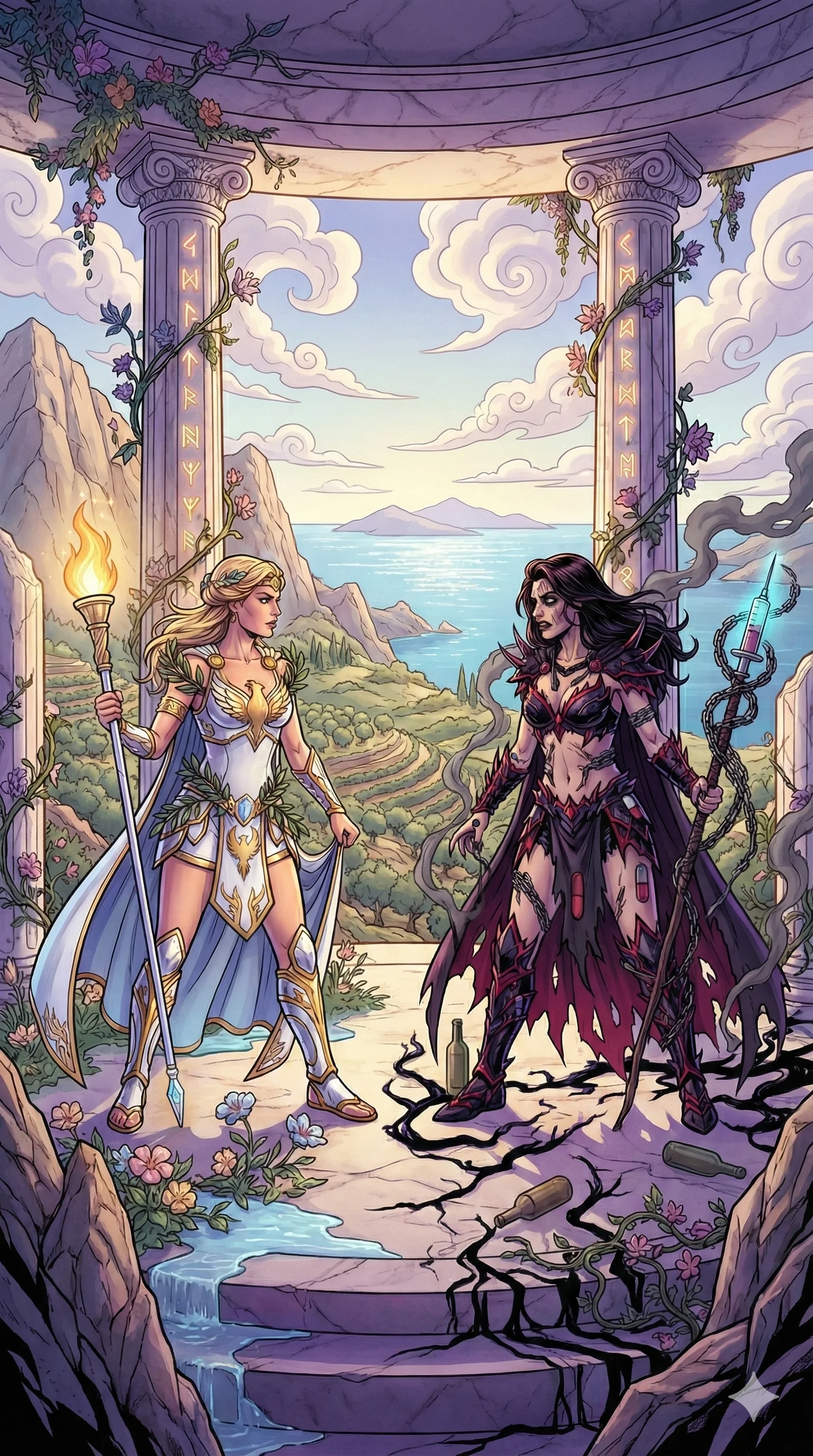A fantasy illustration featuring a showdown between a light-themed warrior with a torch and a dark-themed sorceress holding a sinister staff, set against a picturesque landscape with mountains, ocean, and a vibrant sky, exuding a mythical and dramatic mood.