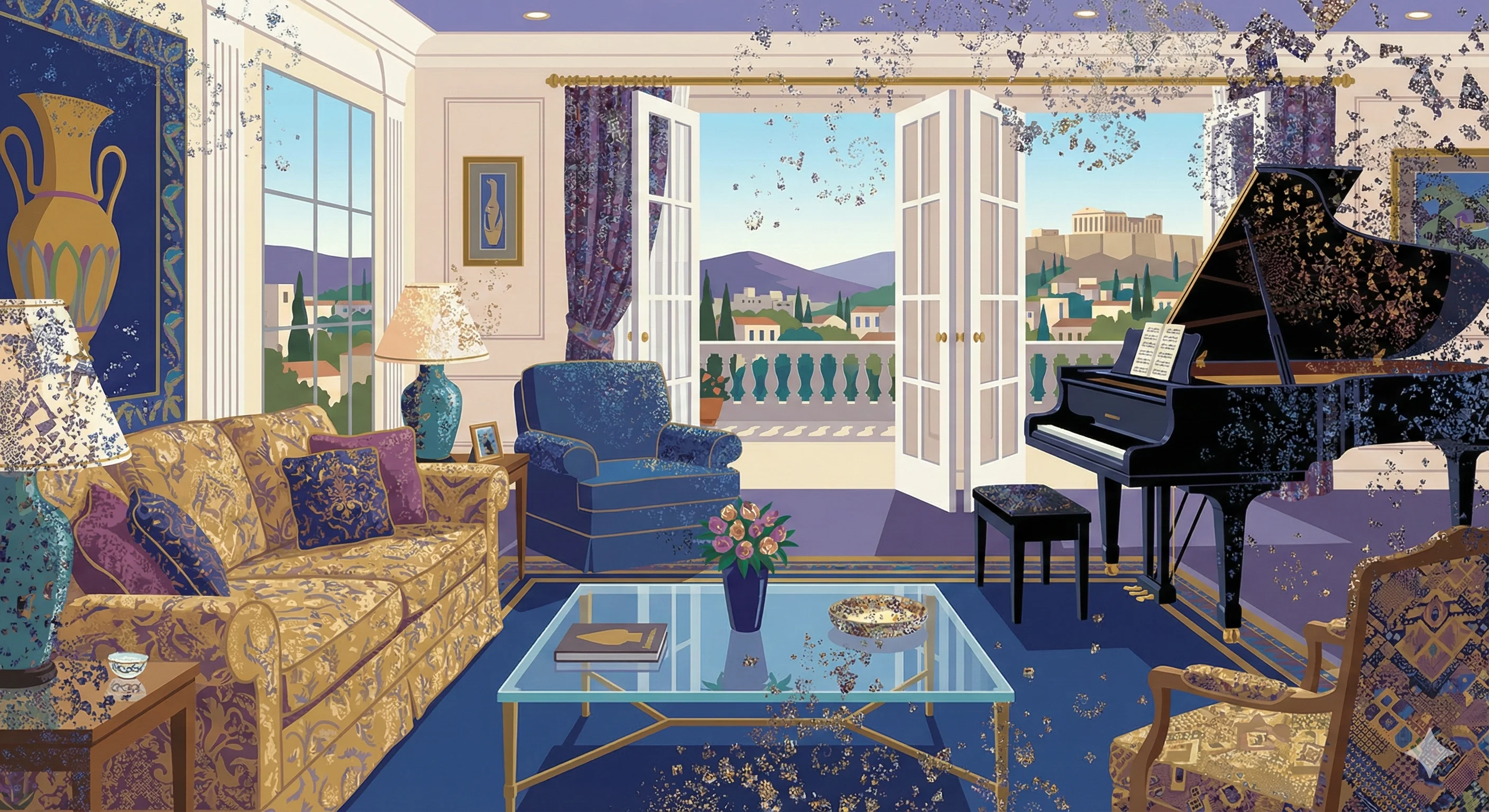 Luxurious living room with elegant furnishings, featuring a grand piano by open French doors leading to a scenic city view, decorated in rich blues and golds, with a modern, artistic visual style and a serene, sophisticated ambiance.