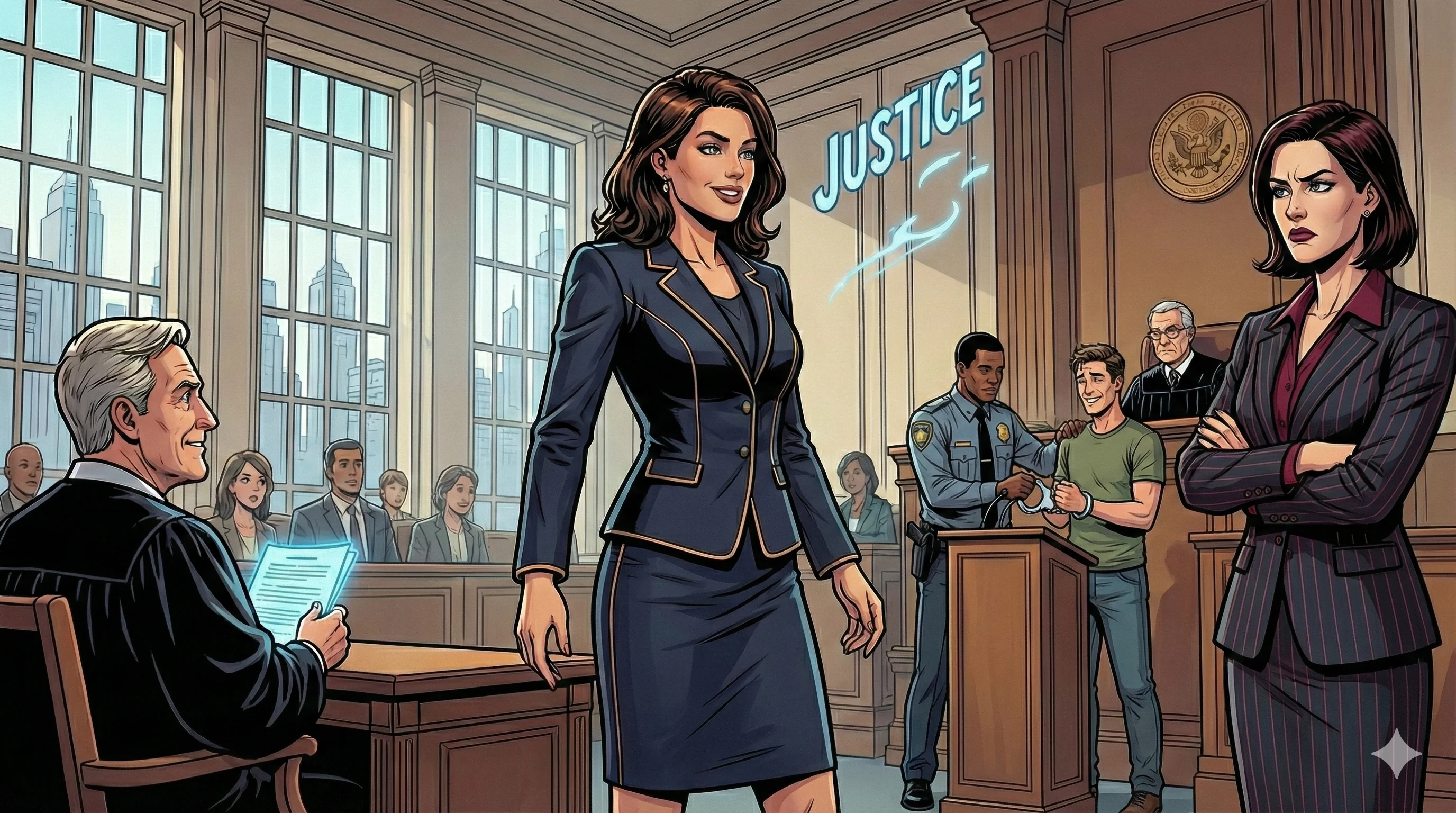 A dynamic courtroom scene features two confident attorneys in tailored suits, one brunette in blue and the other with dark hair in black, as a judge observes from a bench; a diverse, attentive audience fills the background, with vibrant comic-style artwork creating an engaging and dramatic atmosphere.