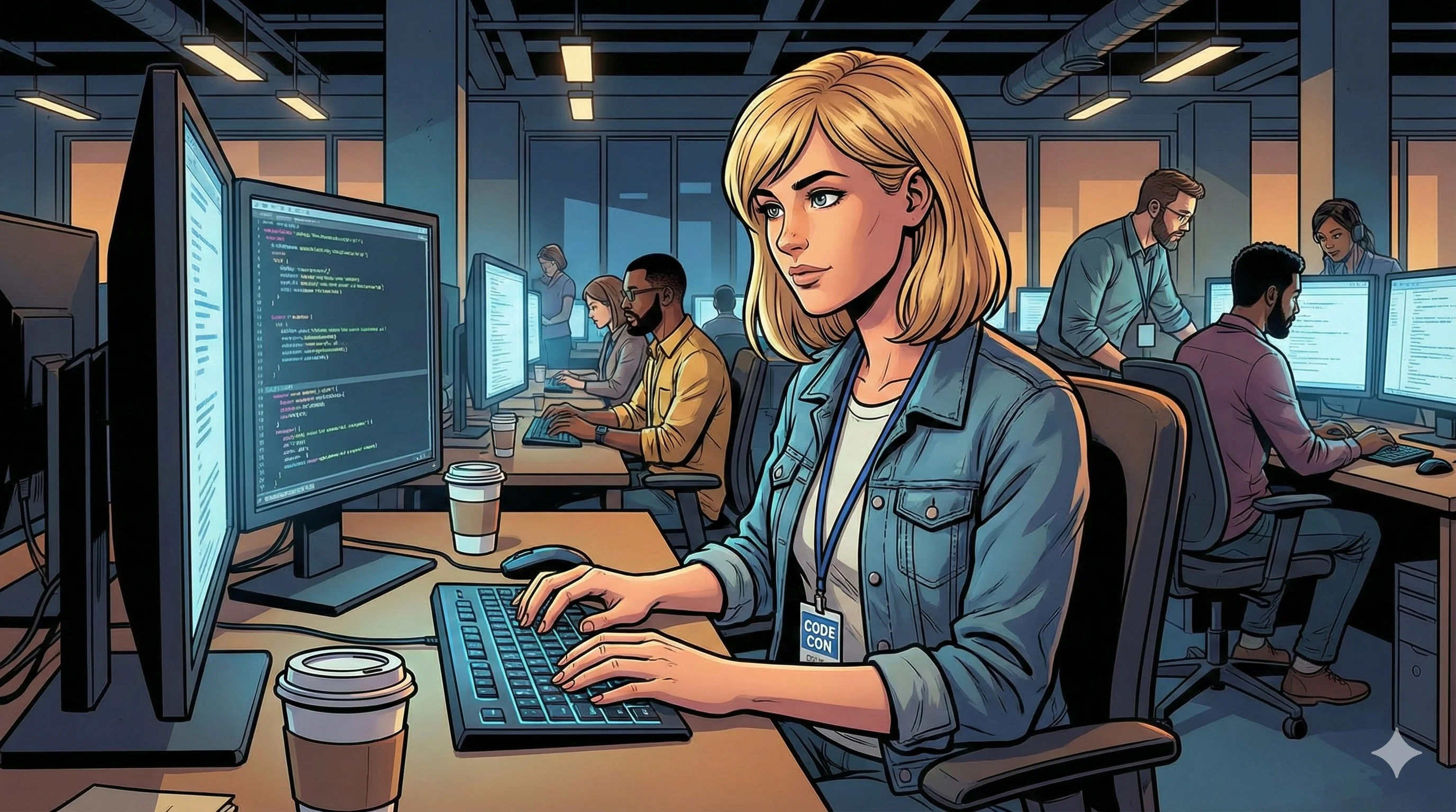 A focused woman with blonde hair and a denim jacket works at a computer on code in a modern office, surrounded by diverse colleagues, creating a collaborative and productive atmosphere; warm lighting and soft colors enhance the engaging environment.