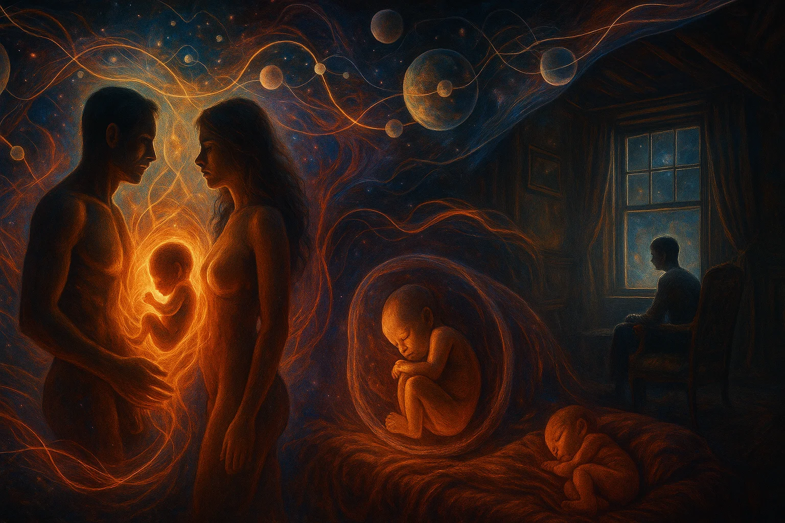 A surreal, ethereal painting depicting a man and woman admiring an astral baby against a cosmic background, with warm glowing hues and interconnected swirling patterns, while a lone figure gazes through a window in a dimly lit room, creating a mystical atmosphere.