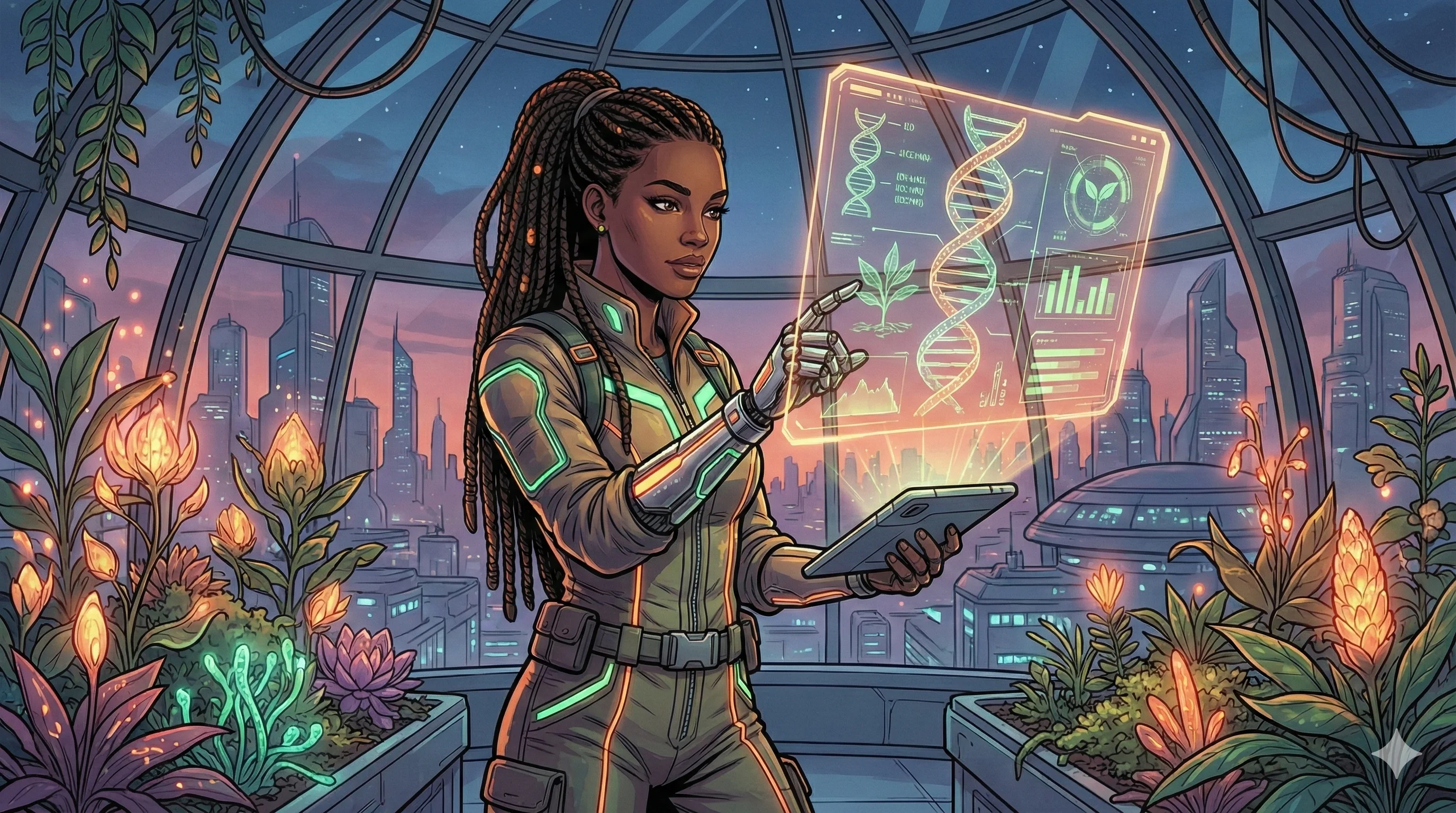A futuristic scientist with braided hair analyzes a digital DNA hologram in a high-tech greenhouse, surrounded by glowing plants, set against a city skyline; vibrant colors and a sci-fi comic art style enhance the innovative and exploratory mood.