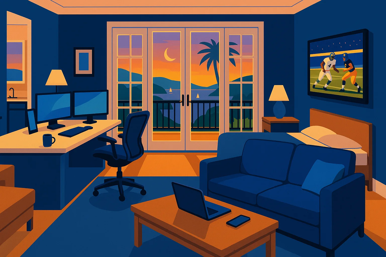 Modern home office and living room with a vibrant sunset view; features a dual-monitor computer setup, blue and orange color palette, cozy sofa, and a football scene on the wall, creating a warm and inviting atmosphere.