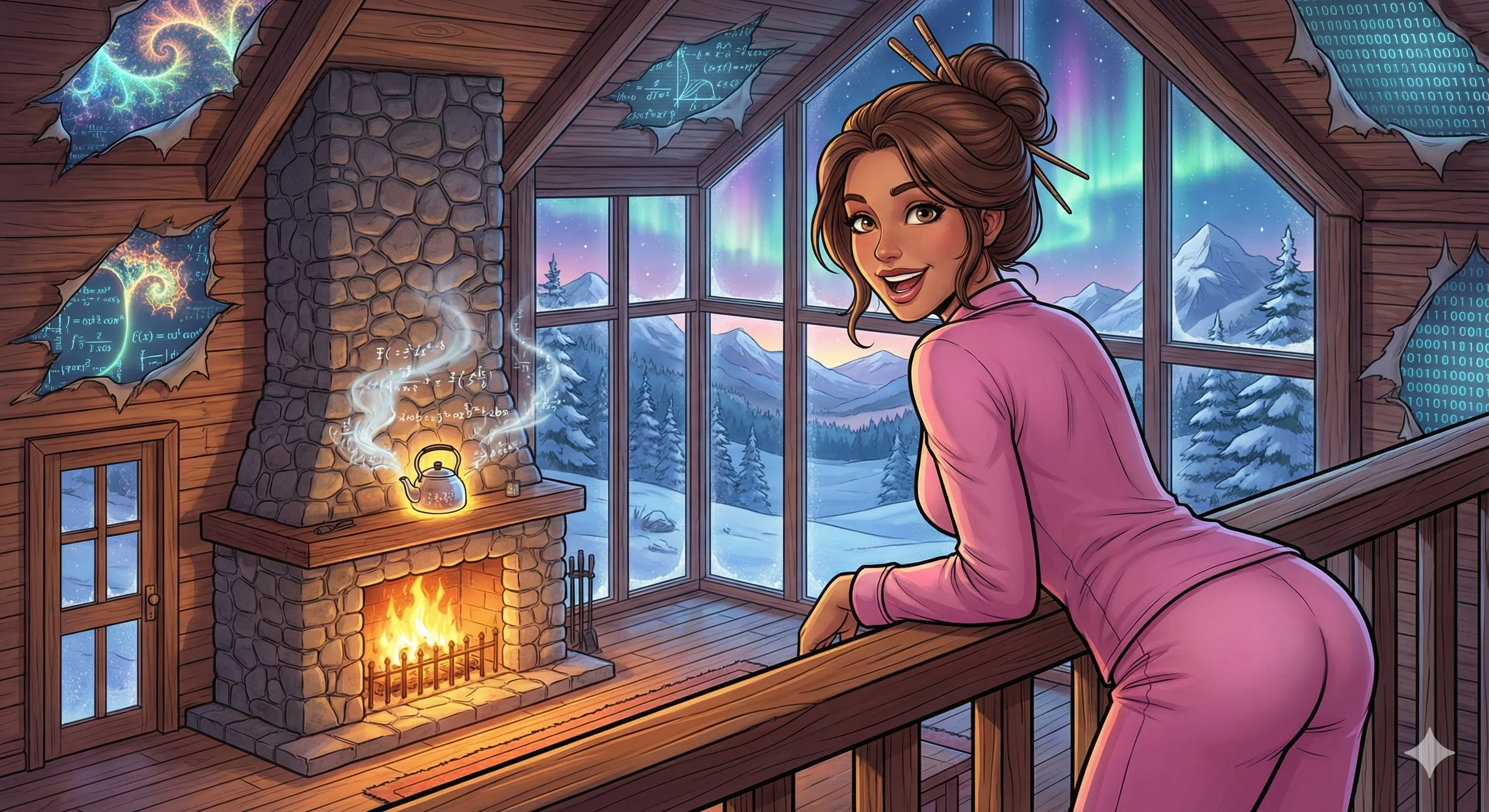 A woman in pink pajamas leans on a wooden railing inside a cozy cabin with a stone fireplace, overlooking a winter landscape and aurora-lit sky through large windows; the digital artwork features warm tones and glowing elements, creating a serene and inviting atmosphere.