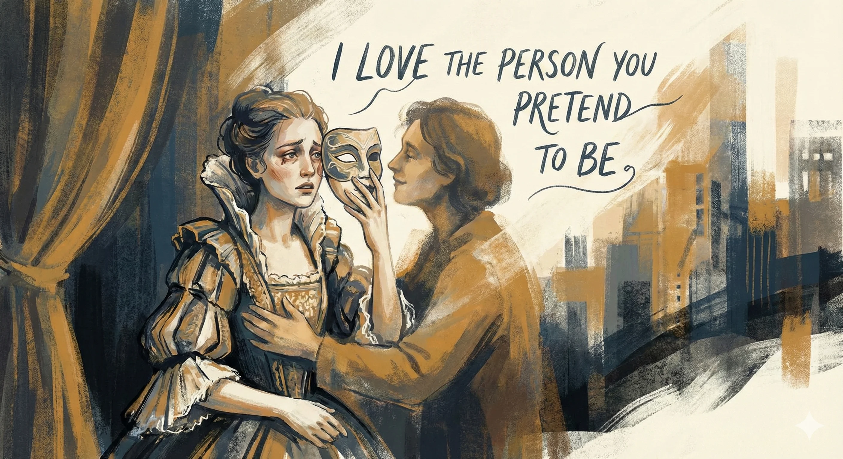 A distressed woman in period clothing stands in front of a city skyline, holding a mask, while a person whispers, "I love the person you pretend to be," in a painterly, sepia-toned style, creating a dramatic and evocative mood.