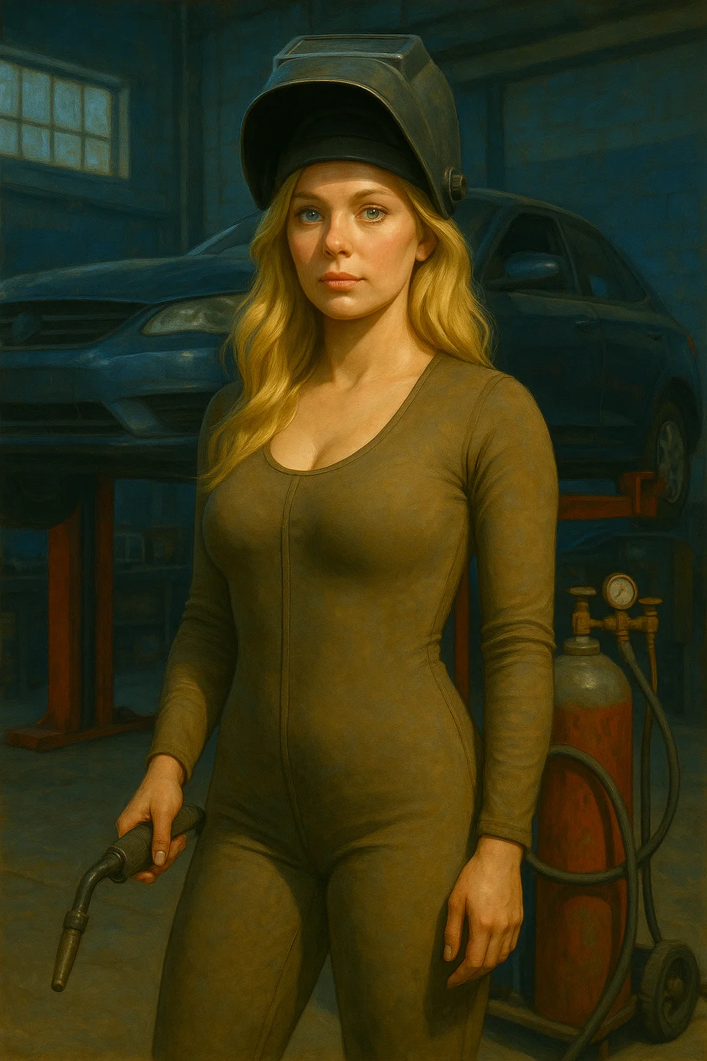Blonde woman in a brown jumpsuit and welding helmet stands in a garage with a car on a lift, surrounded by welding equipment, depicted in a realistic painting style with warm tones and an industrial mood.