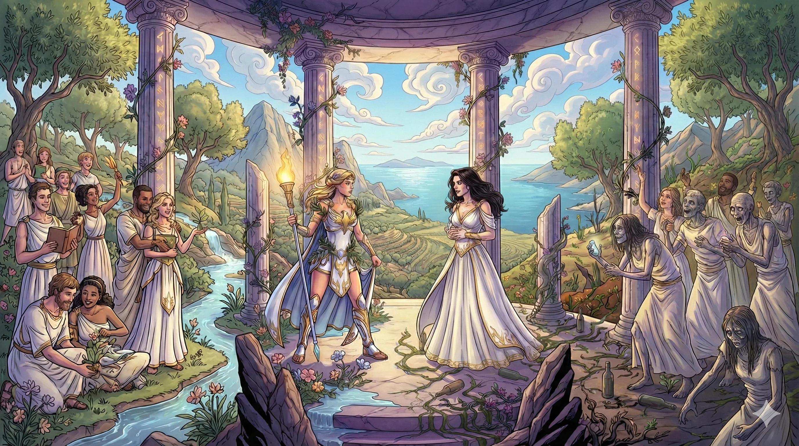 Fantasy artwork depicting a goddess and a woman in a lush, ancient Greek-inspired landscape, surrounded by people and statues, with vibrant colors and a serene atmosphere; detailed linework and bright pastels convey a sense of harmony and mythology.
