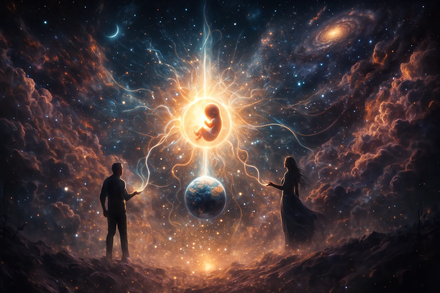 A cosmic scene depicting a man and a woman connecting to a glowing fetus suspended in space above Earth, surrounded by swirling galaxies and nebulae; the artwork features a vibrant blend of dark blues, fiery oranges, and ethereal whites, creating a mystical and awe-inspiring atmosphere.