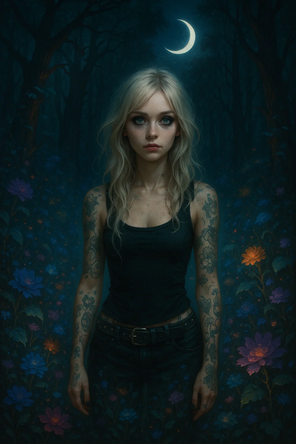 A woman with long blonde hair and tattoos stands in a mystical, moonlit forest, adorned with vibrant flowers, conveying an enchanting and mysterious atmosphere; the scene features deep blues and blacks with pops of colorful blooms, enhancing the ethereal visual style.
