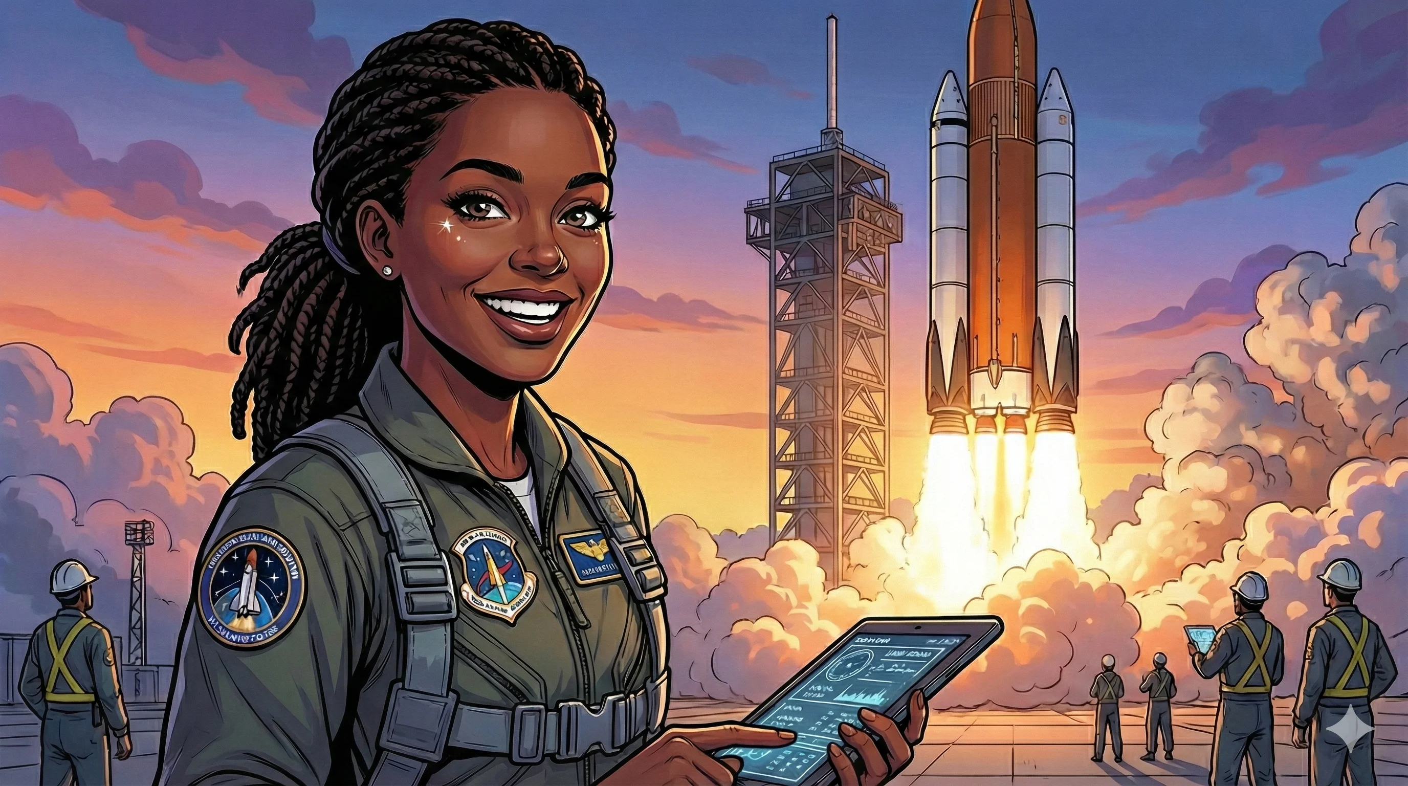 Astronaut in a flight suit smiling and holding a tablet as a space shuttle launches in the background; vibrant colors and a sunset sky create an inspiring and adventurous mood, with detailed illustration style highlighting teamwork and exploration themes.