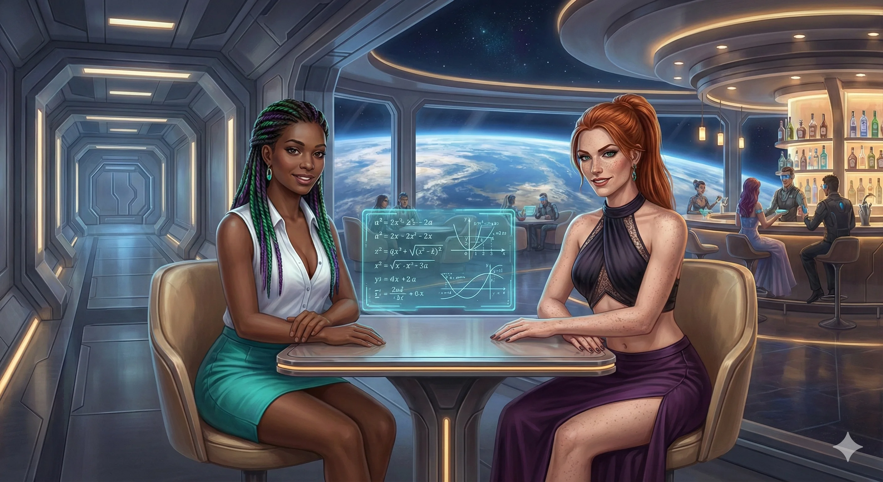 Two women in a futuristic space setting sit at a table with holographic equations, featuring vibrant colors and sleek modern design; the scene is lively with a galaxy visible through large windows and a bustling bar in the background.
