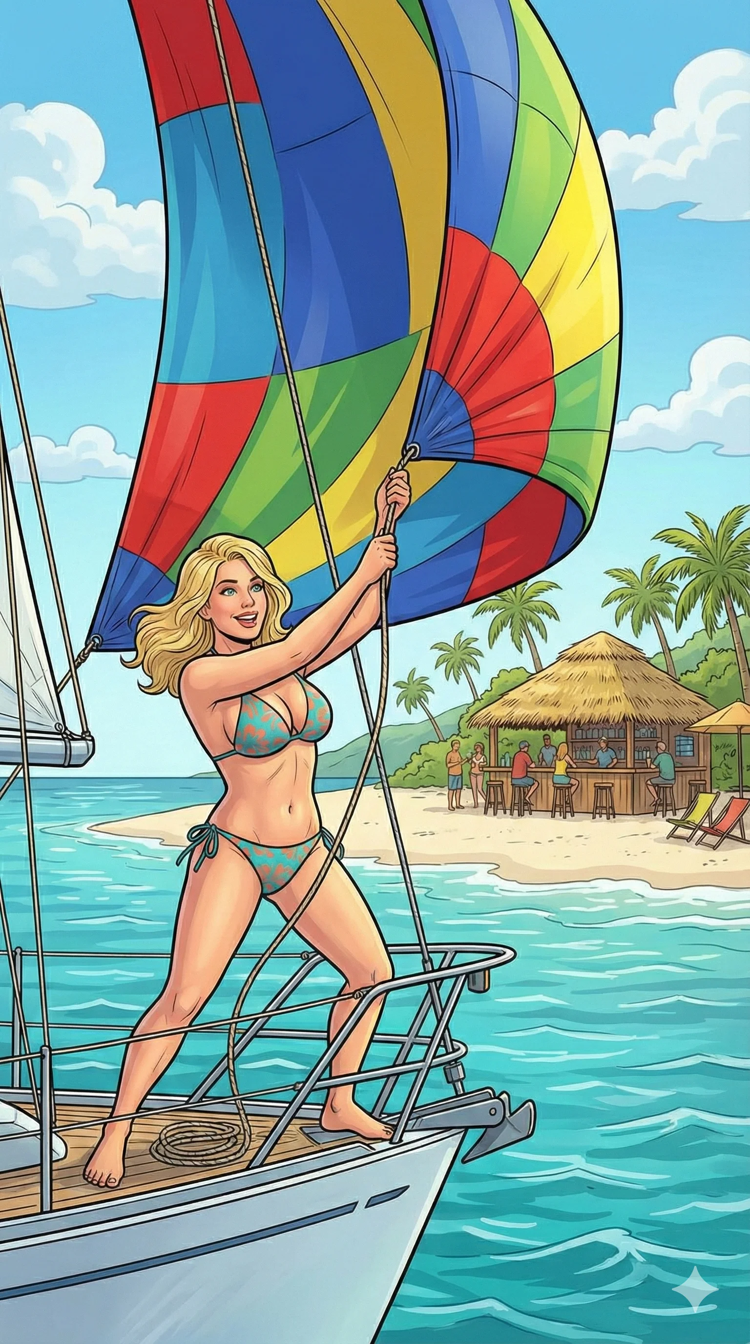 Blonde woman in a colorful bikini standing confidently on a sailboat with a vibrant, multicolored sail near a tropical beach bar, surrounded by palm trees and clear blue water, depicted in a bright and cheerful comic book style.