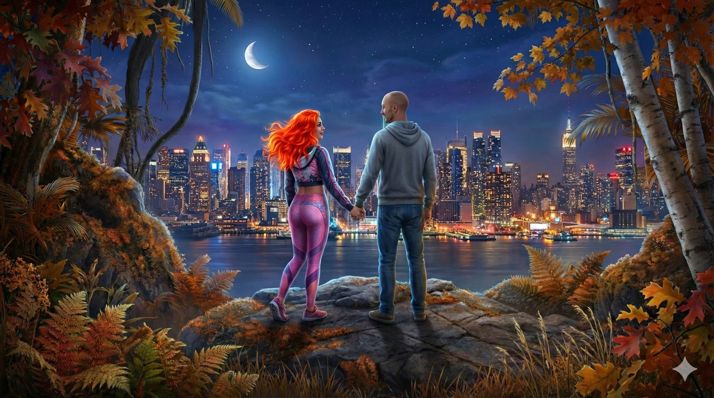 A couple holding hands stands on a scenic overlook with a vibrant city skyline in the background, illuminated by a crescent moon; autumn foliage in the foreground adds warmth and contrast to the night sky. The scene combines realism and fantasy, enhanced by vivid colors and a serene, romantic mood.