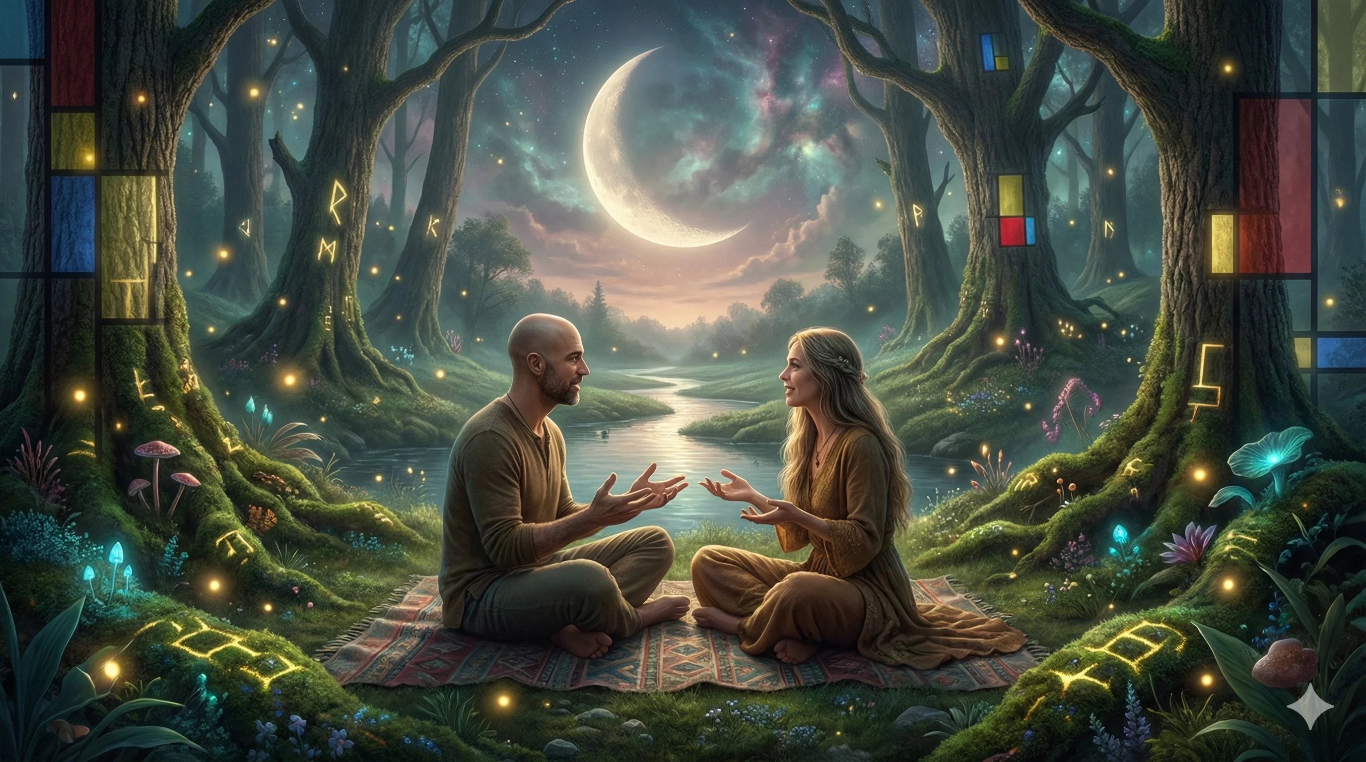 Two people sit cross-legged on a colorful, patterned rug in a magical forest setting, surrounded by glowing letters and vibrant flora under a crescent moon, evoking a dreamy and mystical atmosphere with a palette of soft greens, blues, and hints of warm earth tones.