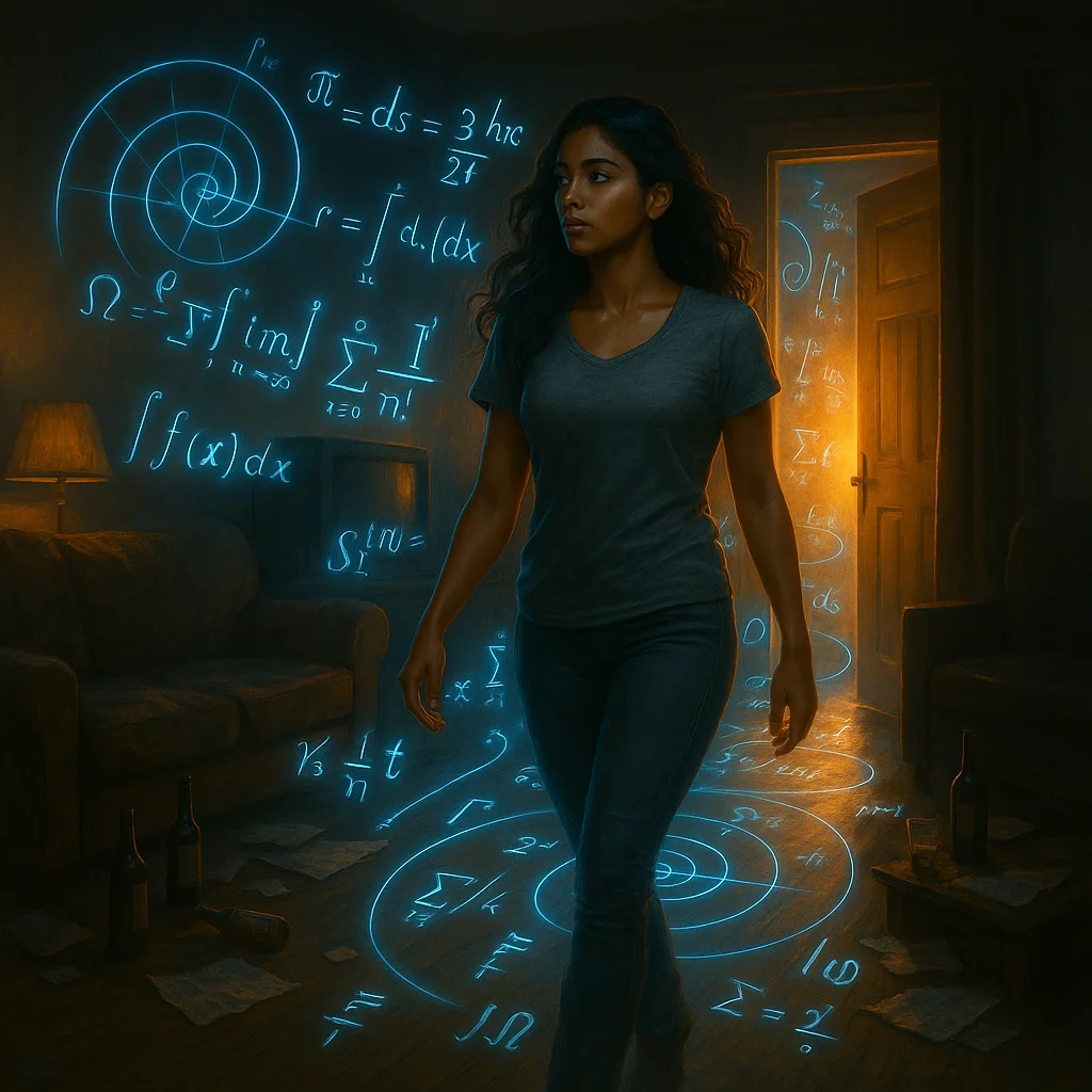A woman in a dark room walks through glowing blue mathematical equations and symbols that float in the air, with warm orange light emanating from an open door, creating a mysterious and captivating atmosphere. The visual style blends fantasy and realism, with rich contrasts between shadows and illuminated areas, enhancing the sense of discovery and intrigue.