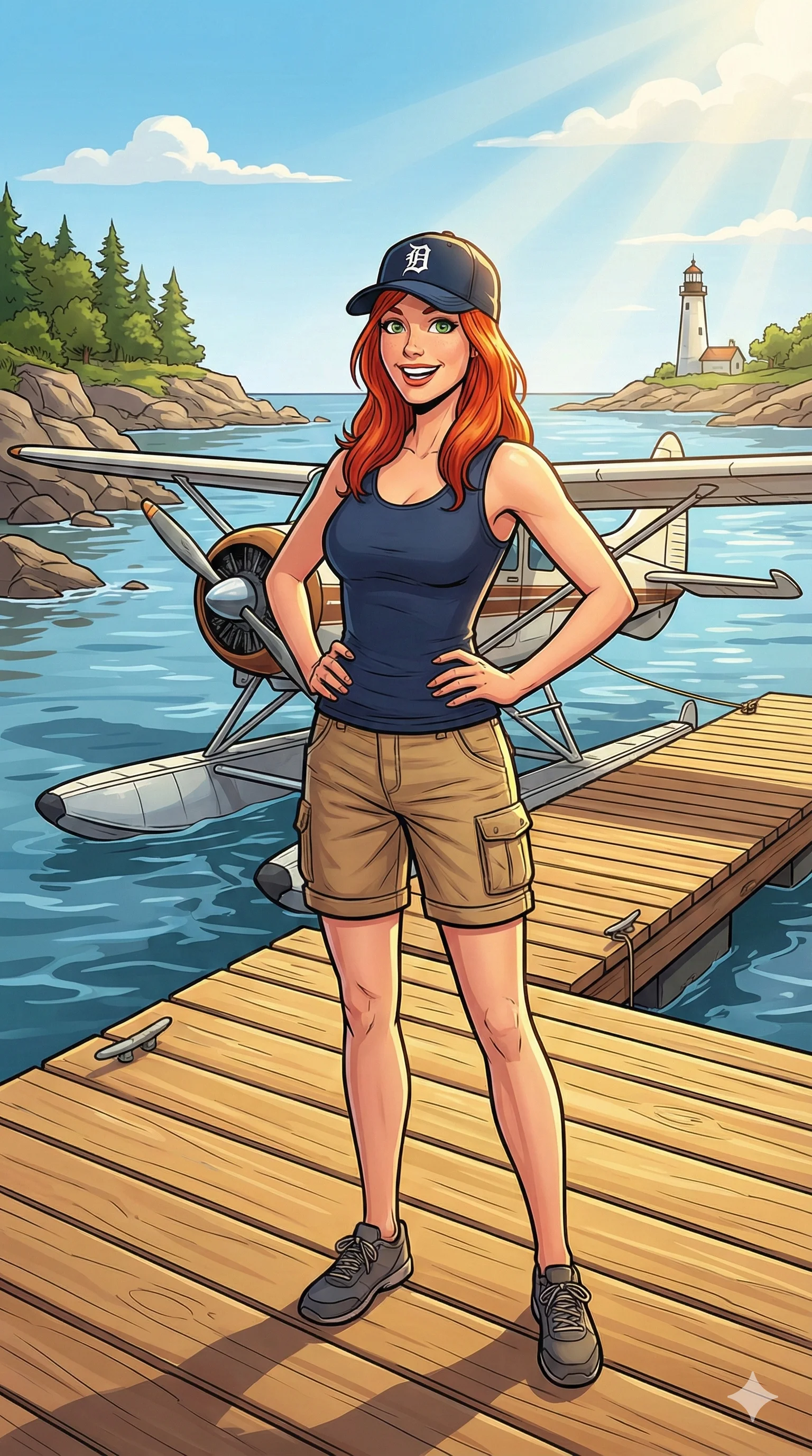 Red-haired woman in casual clothing stands confidently on a wooden dock beside a seaplane, with a scenic backdrop of a lighthouse, rocky islands, and sunlit water; illustration features vibrant colors and a cheerful, adventurous mood.